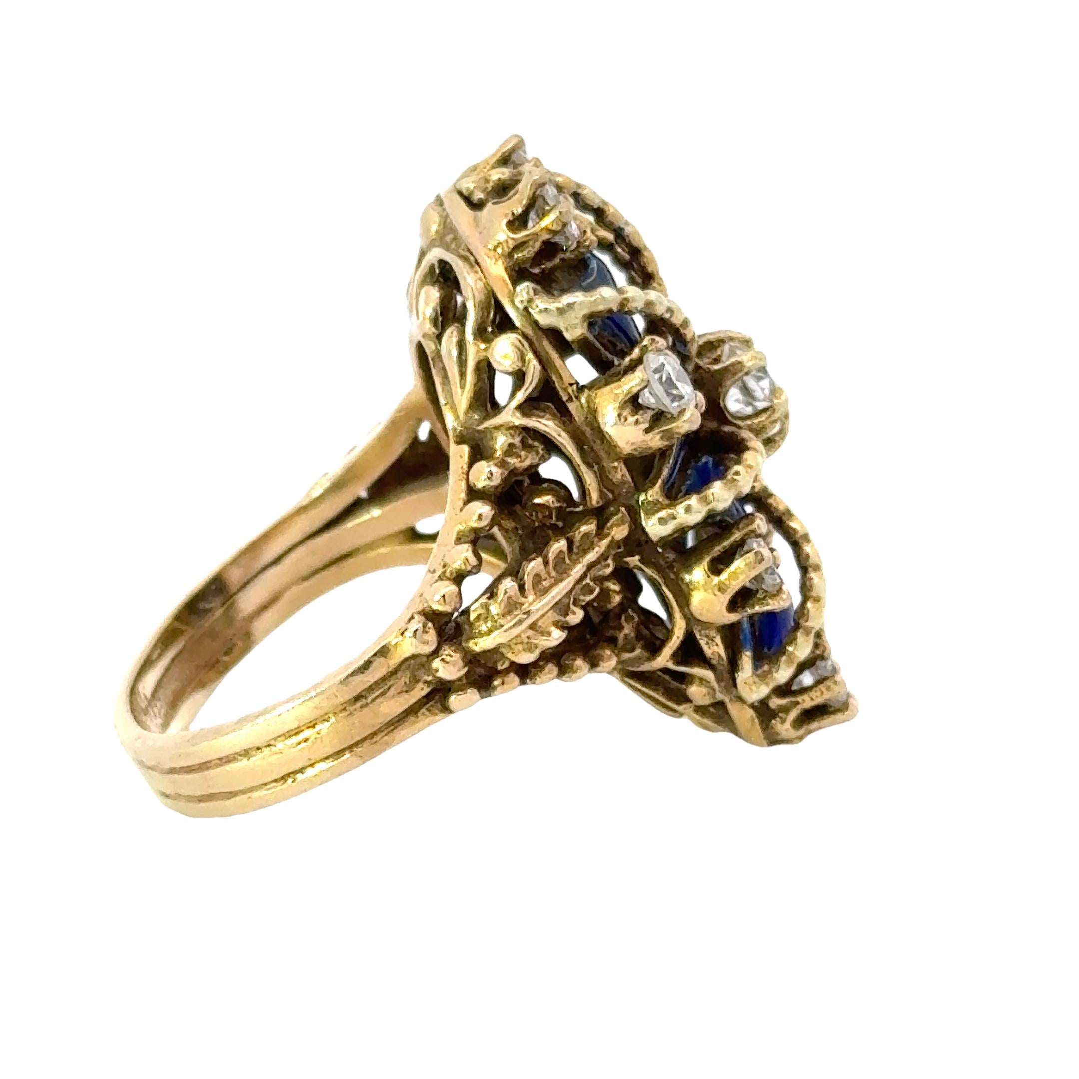 Old European Cut Diamond, Blue Enamel and 14K Yellow Gold Antique Ring For Sale
