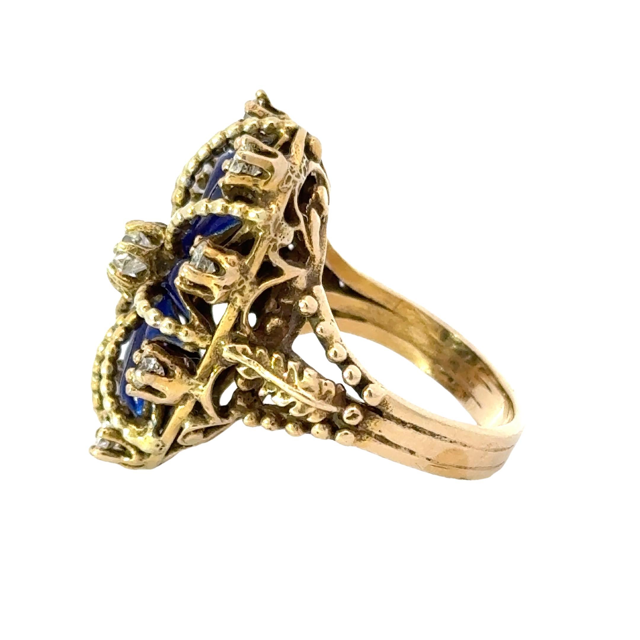 Diamond, Blue Enamel and 14K Yellow Gold Antique Ring In Good Condition For Sale In Derby, NY