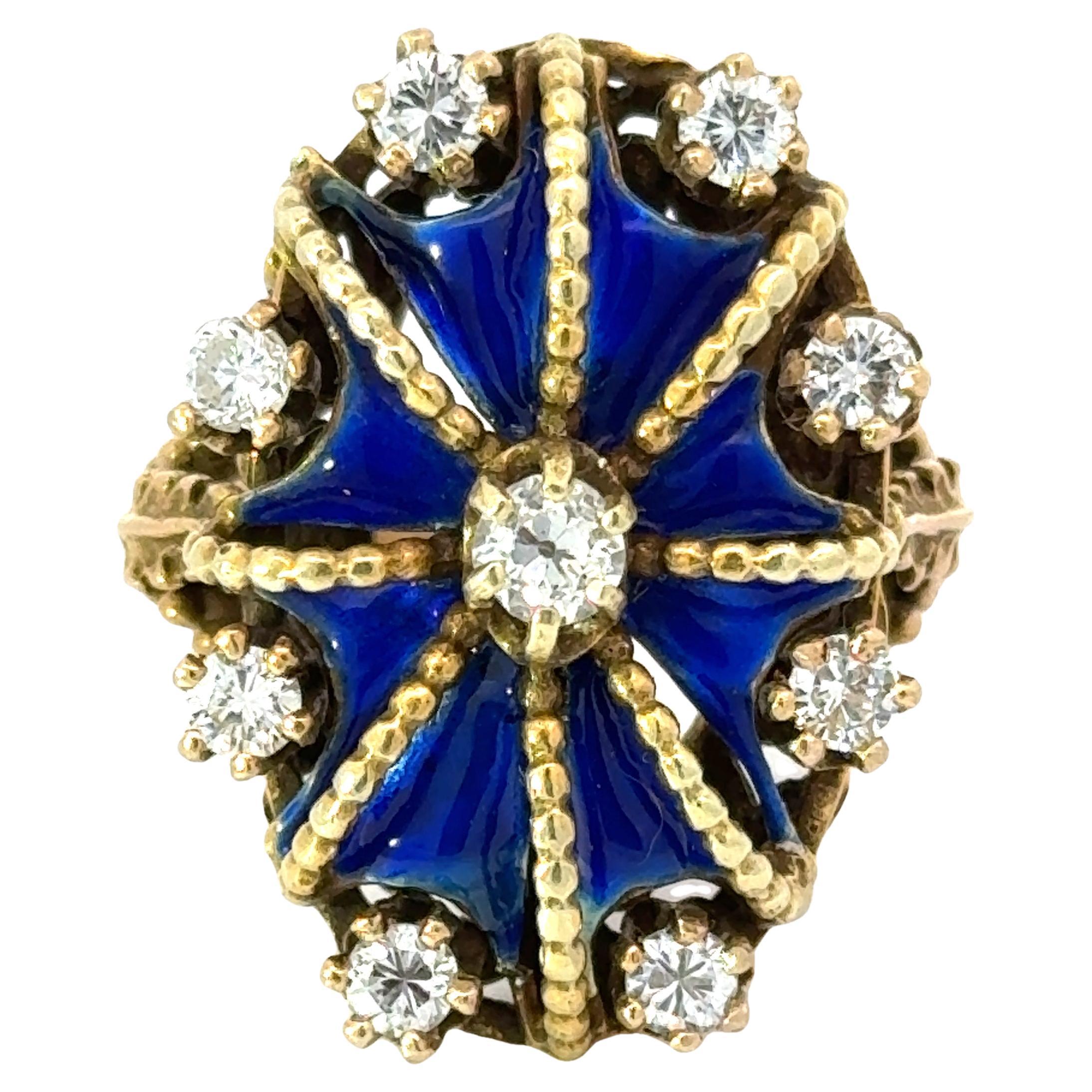 Antiker Ring aus Diamant, blauer Emaille und 14K Gelbgold