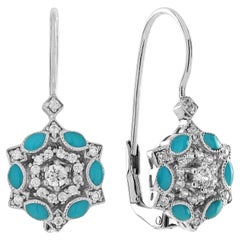 Diamond Blue Enamel Art Deco Style Floral Earrings in 14K White Gold