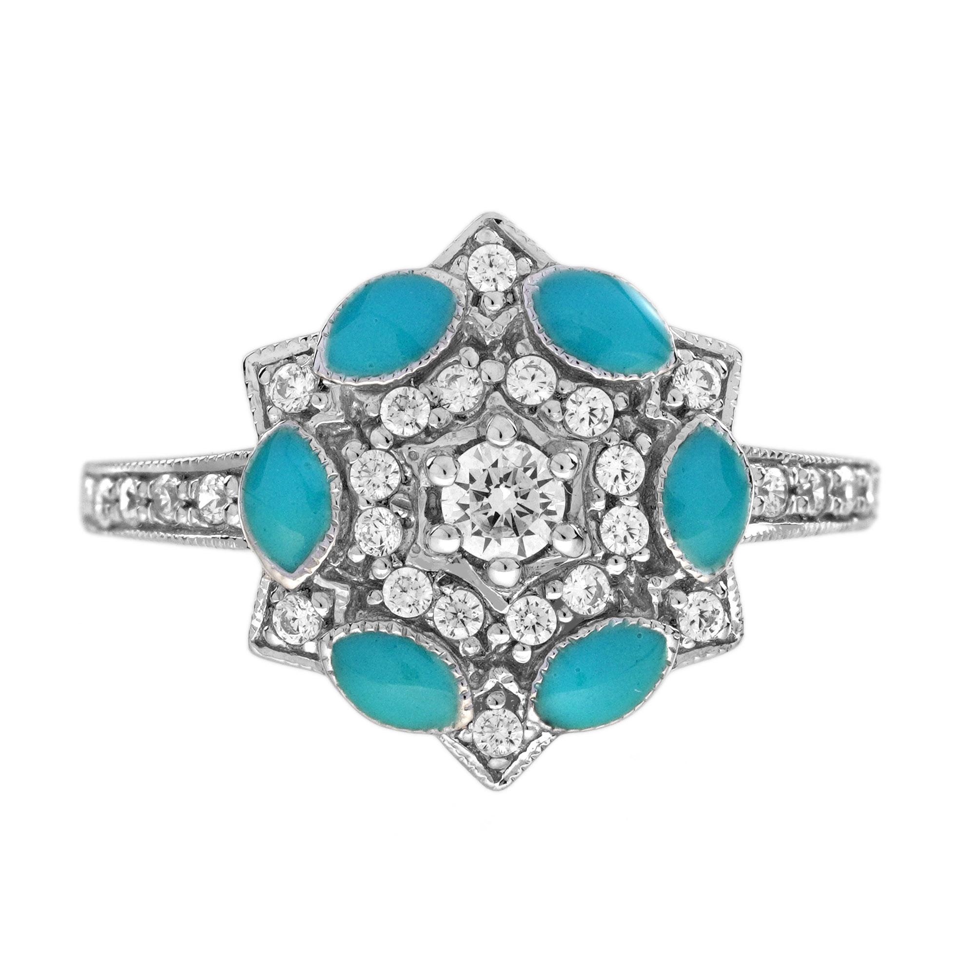 Diamante blu smaltato in stile Art Déco, anello con orecchino e ciondolo a forma di cerchio floreale in vendita 8