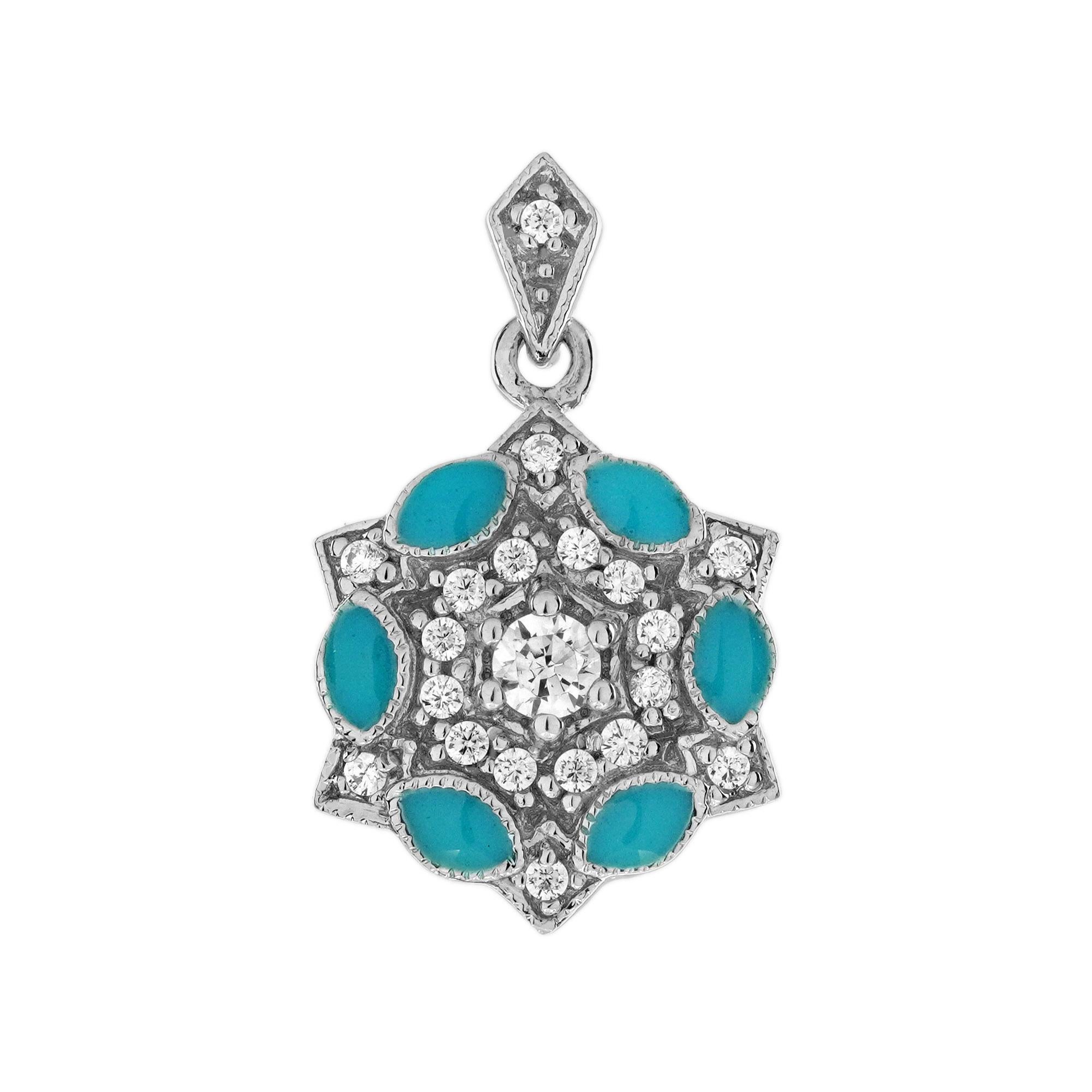 Diamante blu smaltato in stile Art Déco, anello con orecchino e ciondolo a forma di cerchio floreale in vendita 3
