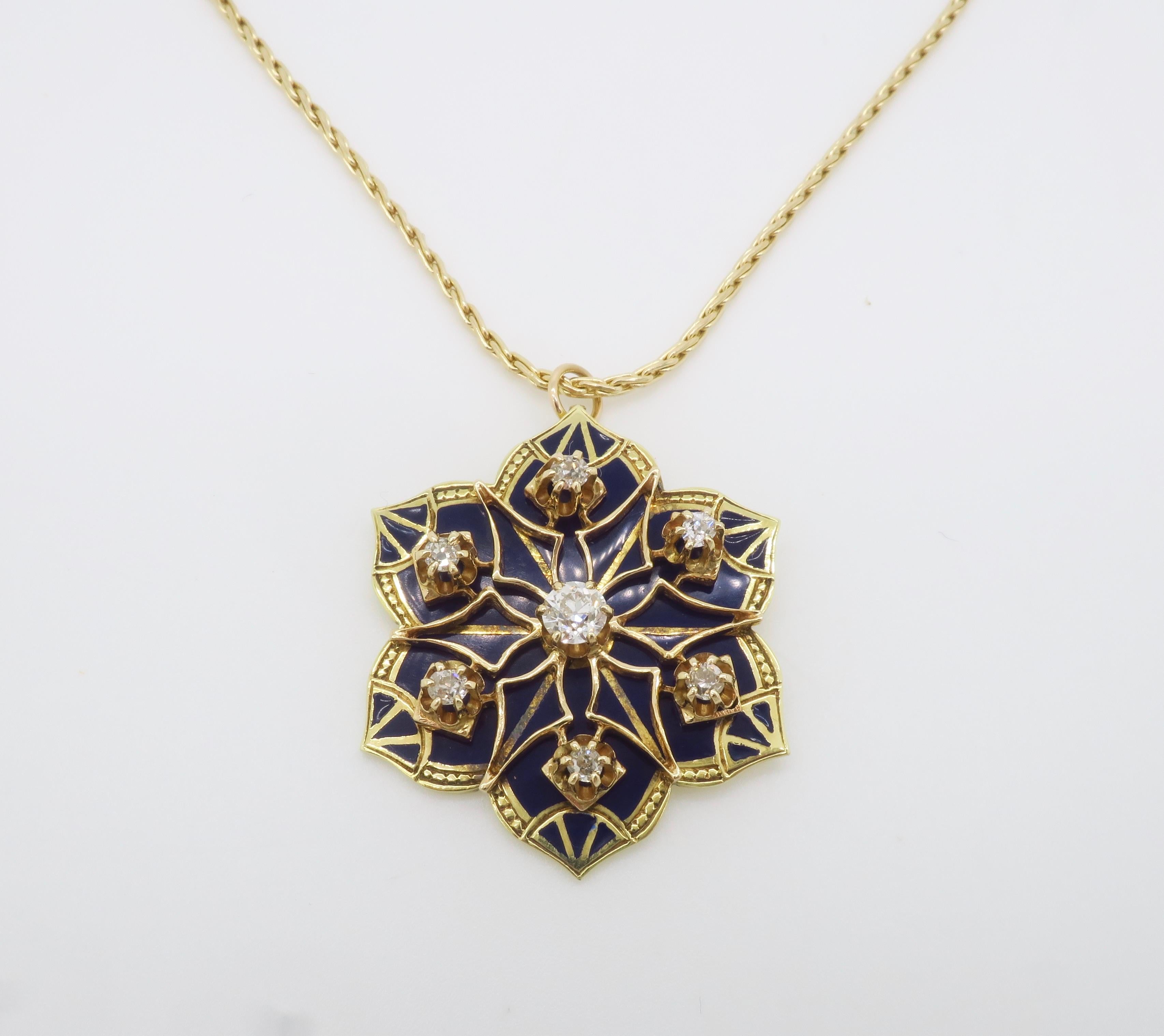 Diamond & Blue Enamel Medallion Pendant Necklace For Sale 7