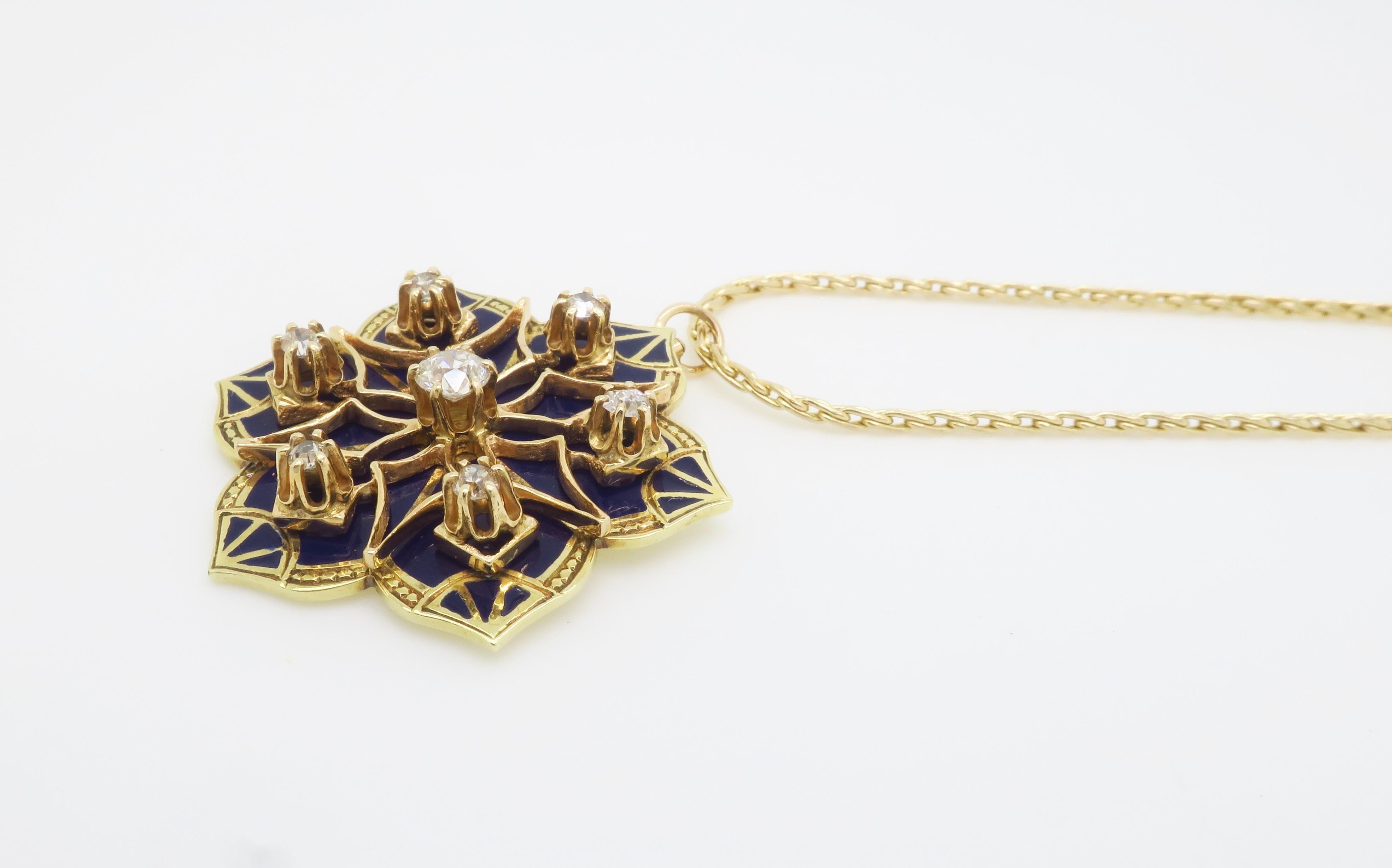 Diamond & Blue Enamel Medallion Pendant Necklace For Sale 8