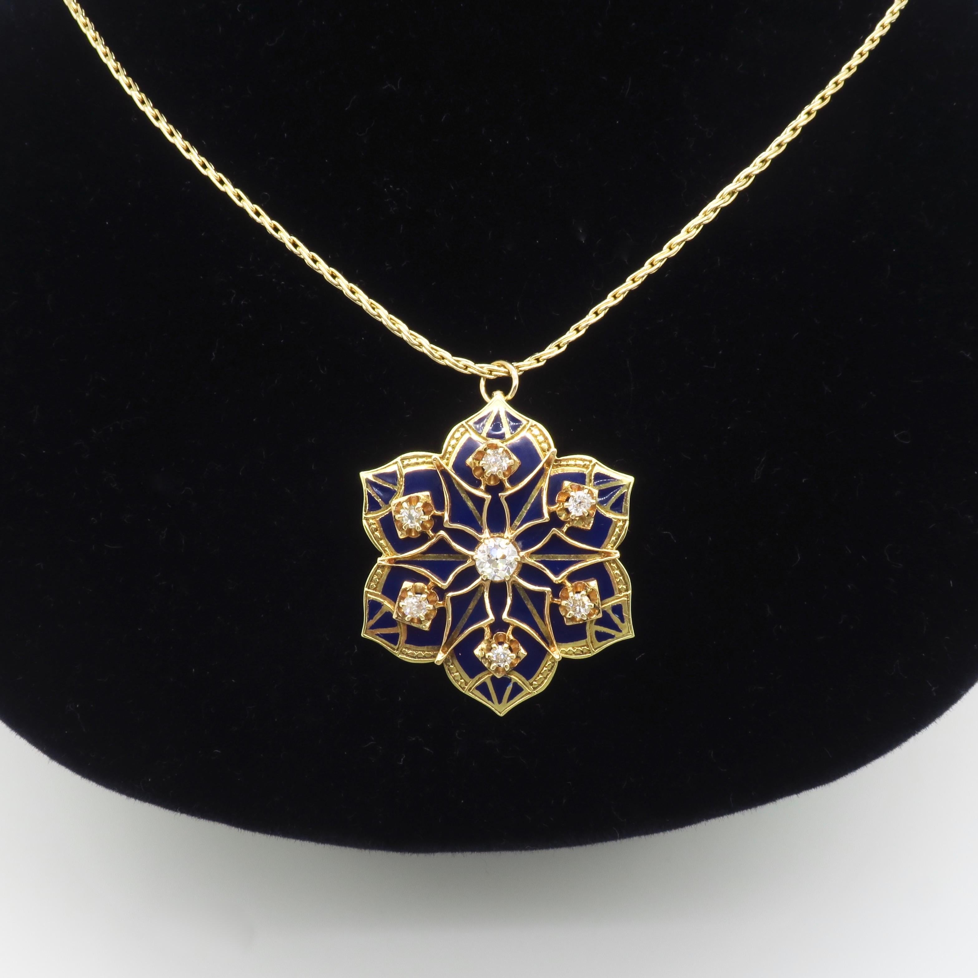 Old Mine Cut Diamond & Blue Enamel Medallion Pendant Necklace For Sale