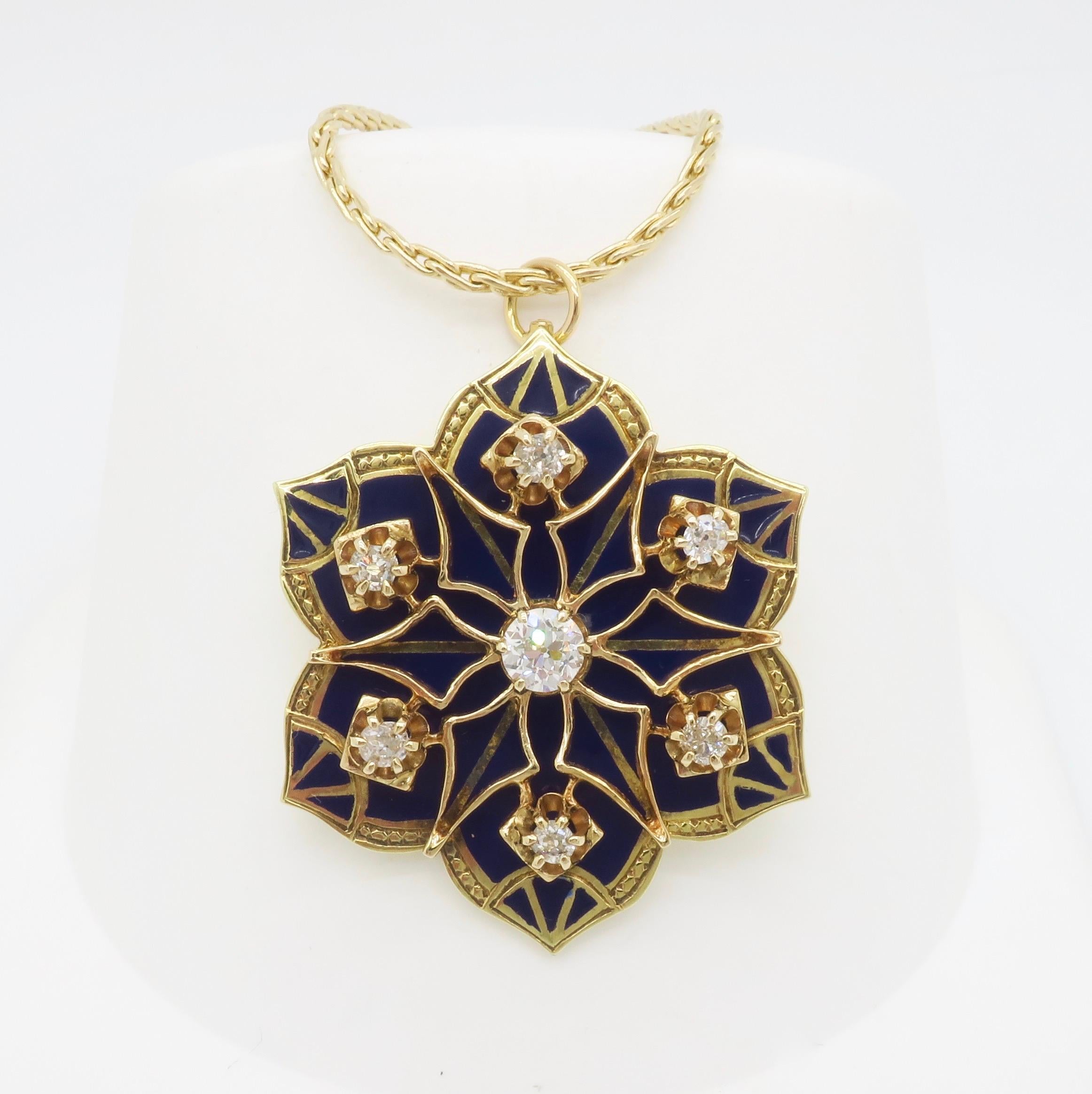 Diamond & Blue Enamel Medallion Pendant Necklace In Excellent Condition For Sale In Webster, NY