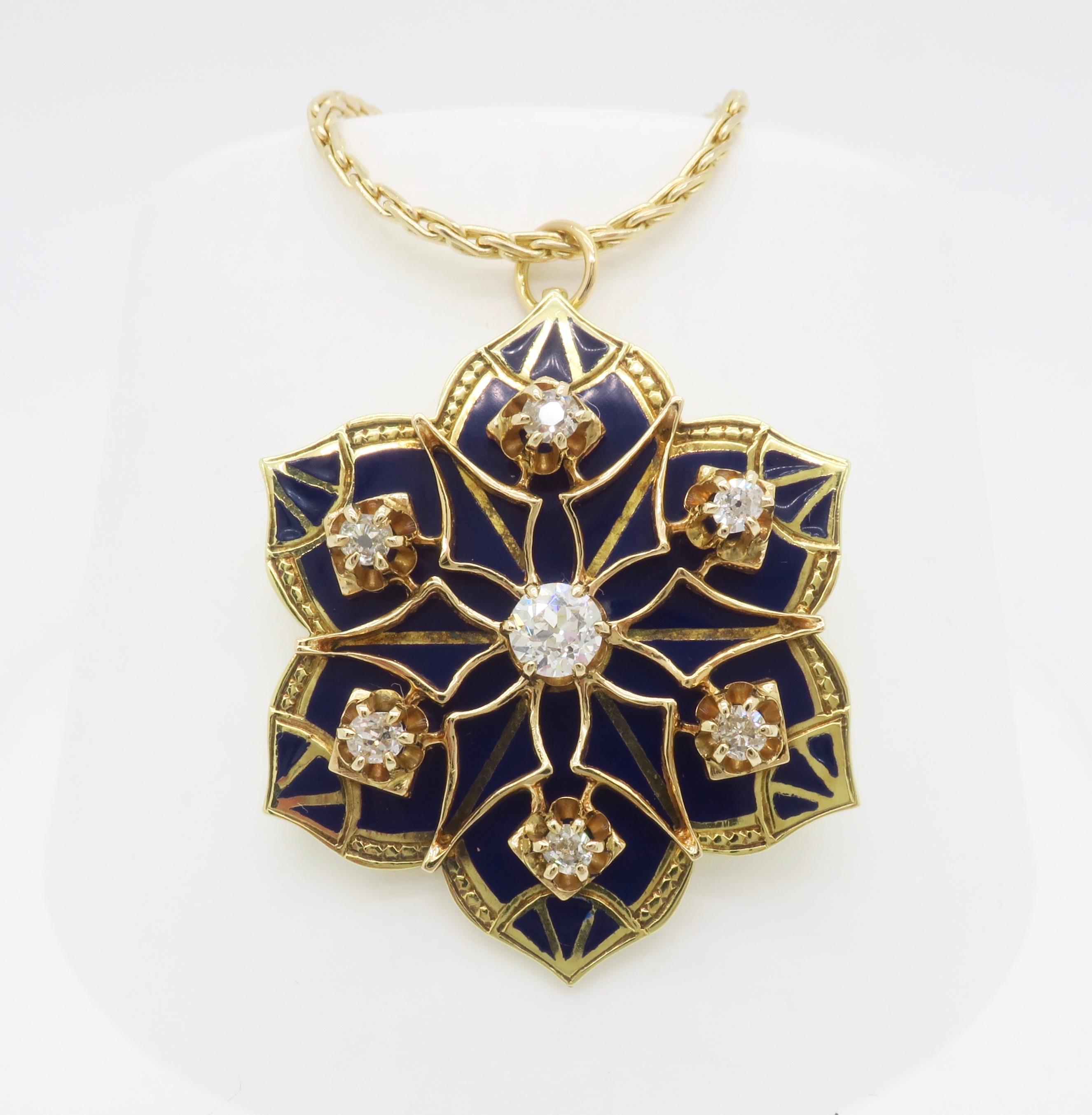 Women's or Men's Diamond & Blue Enamel Medallion Pendant Necklace For Sale