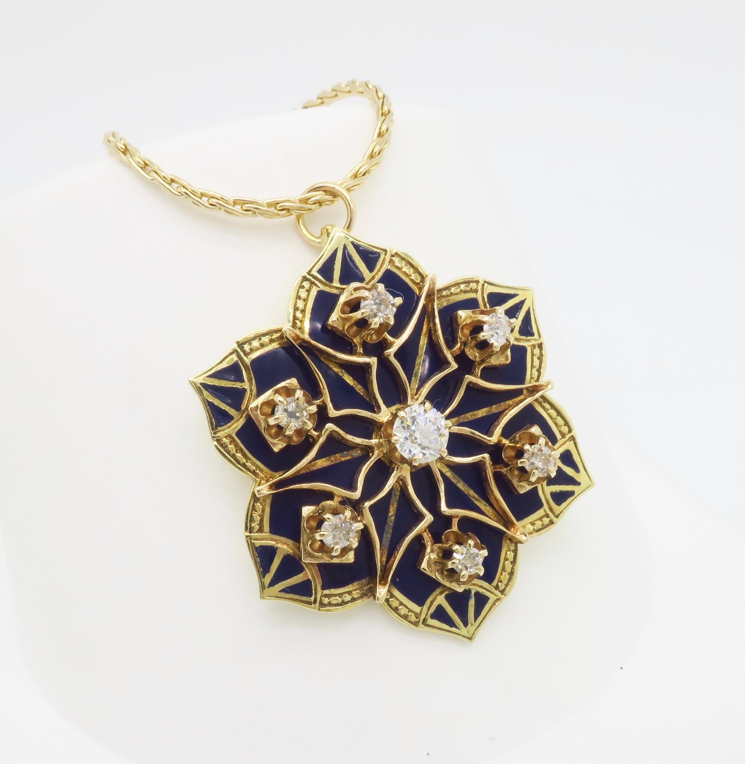 Diamond & Blue Enamel Medallion Pendant Necklace For Sale 1