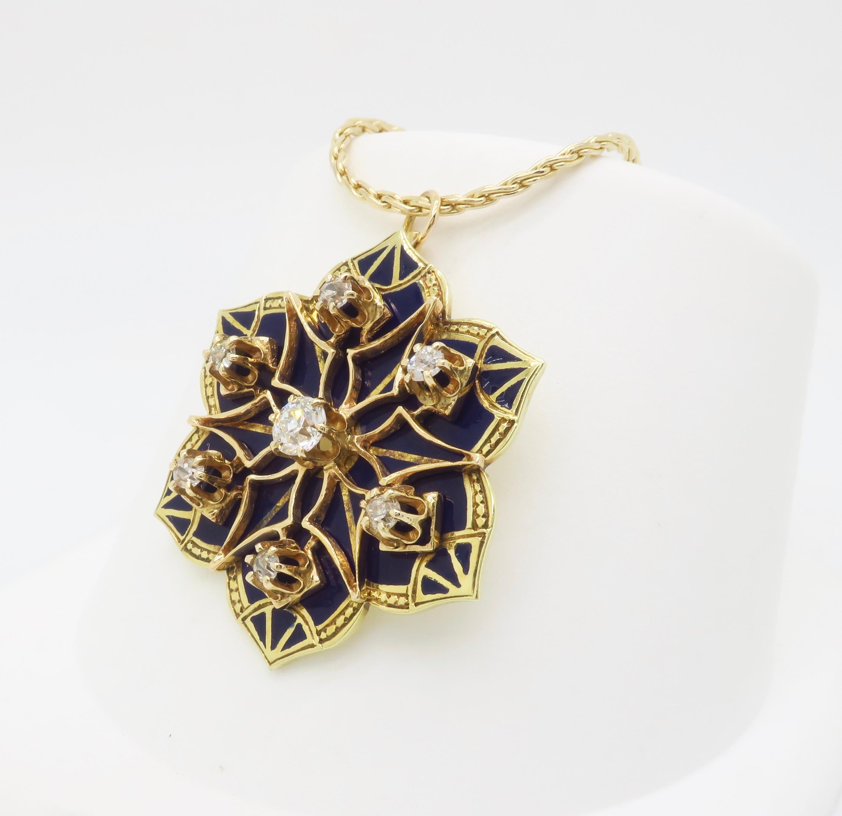 Diamond & Blue Enamel Medallion Pendant Necklace For Sale 2