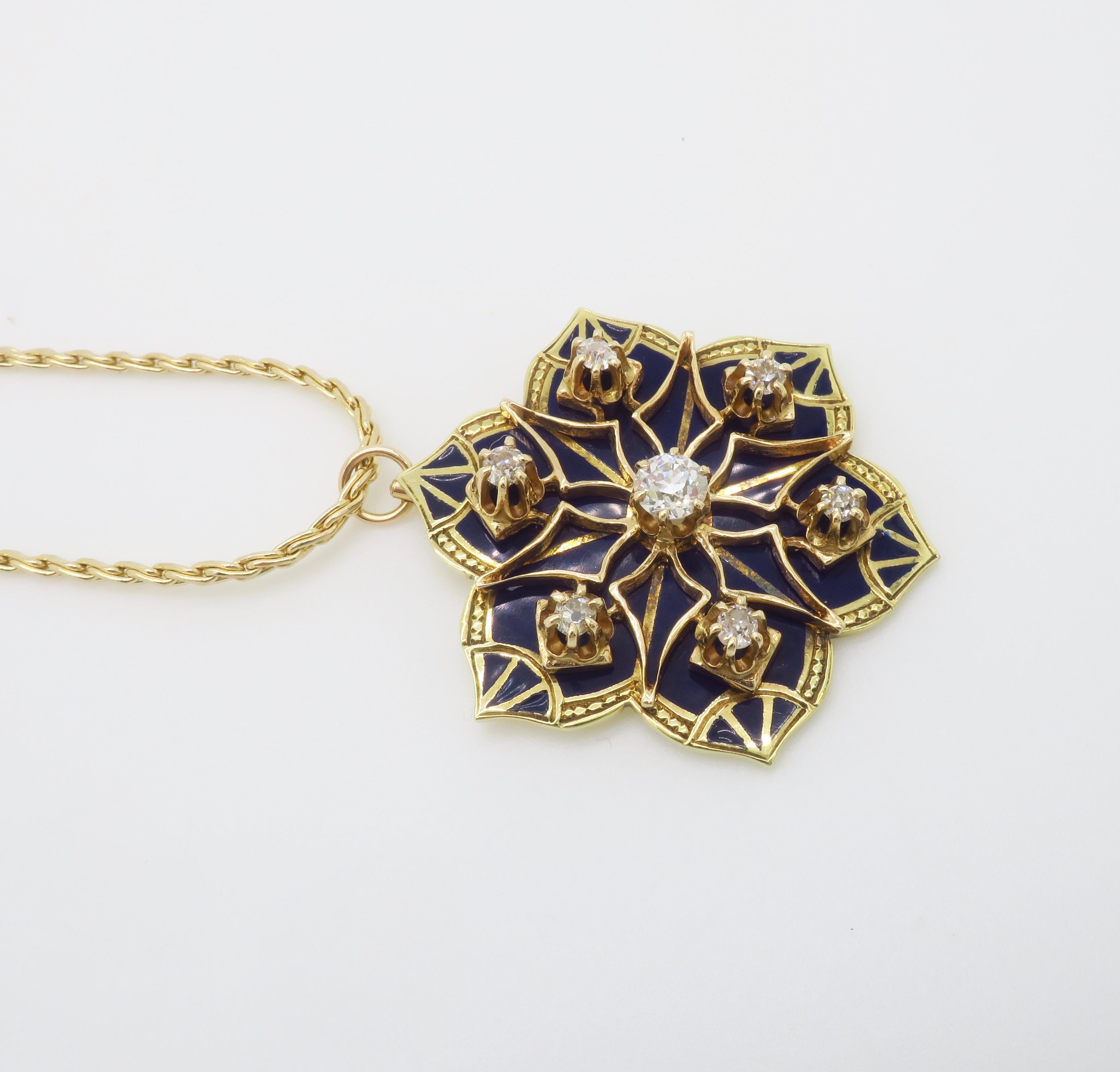 Diamond & Blue Enamel Medallion Pendant Necklace For Sale 3