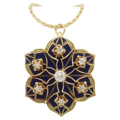 Diamond & Blue Enamel Medallion Pendant Necklace
