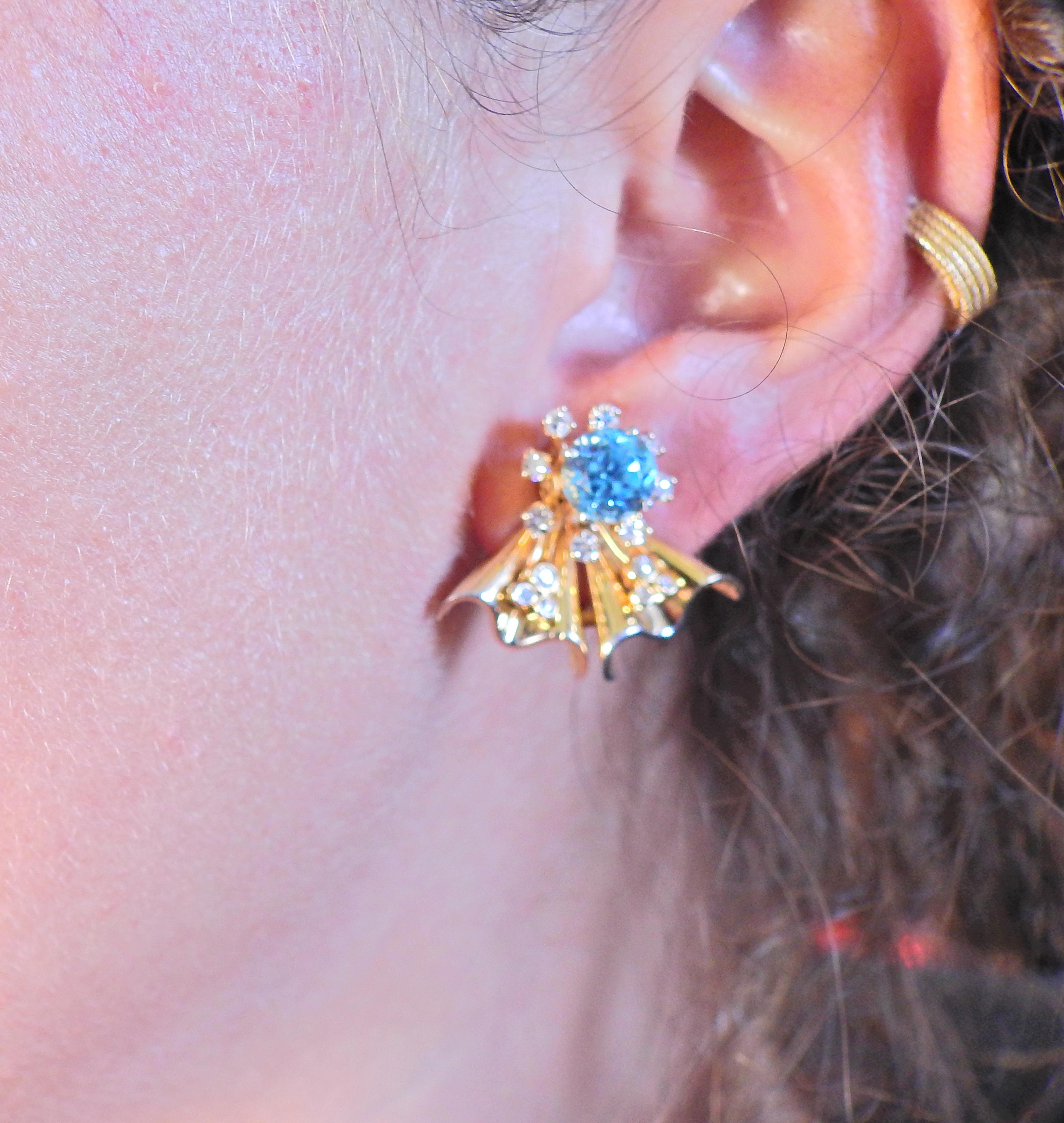 Diamond Blue Gemstone Gold Retro Earrings In Excellent Condition In New York, NY