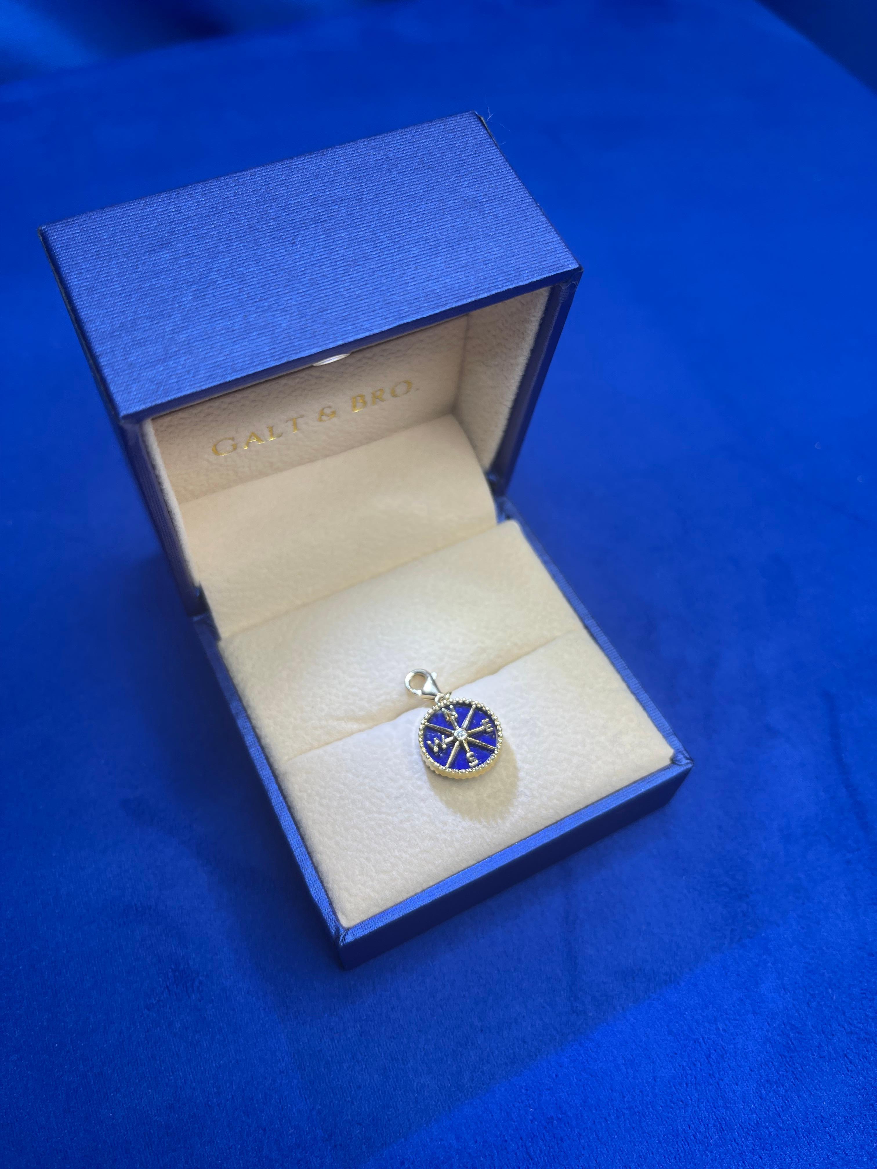 Women's or Men's Diamond Blue Lapis Lazuli Compass Bezel Medallion 18K Yellow Gold Charm Pendant