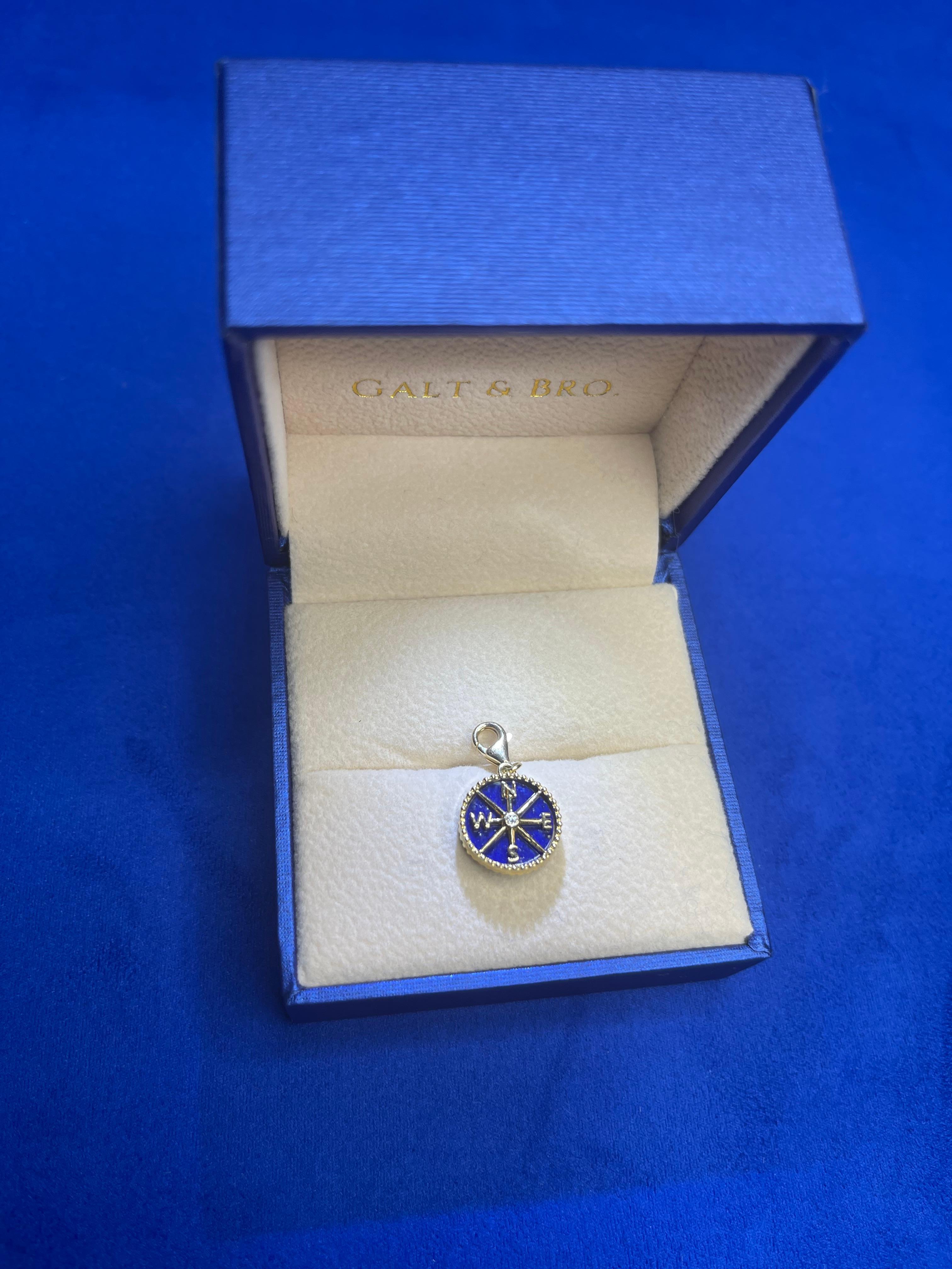 Diamond Blue Lapis Lazuli Compass Bezel Medallion 18K Yellow Gold Charm Pendant 1