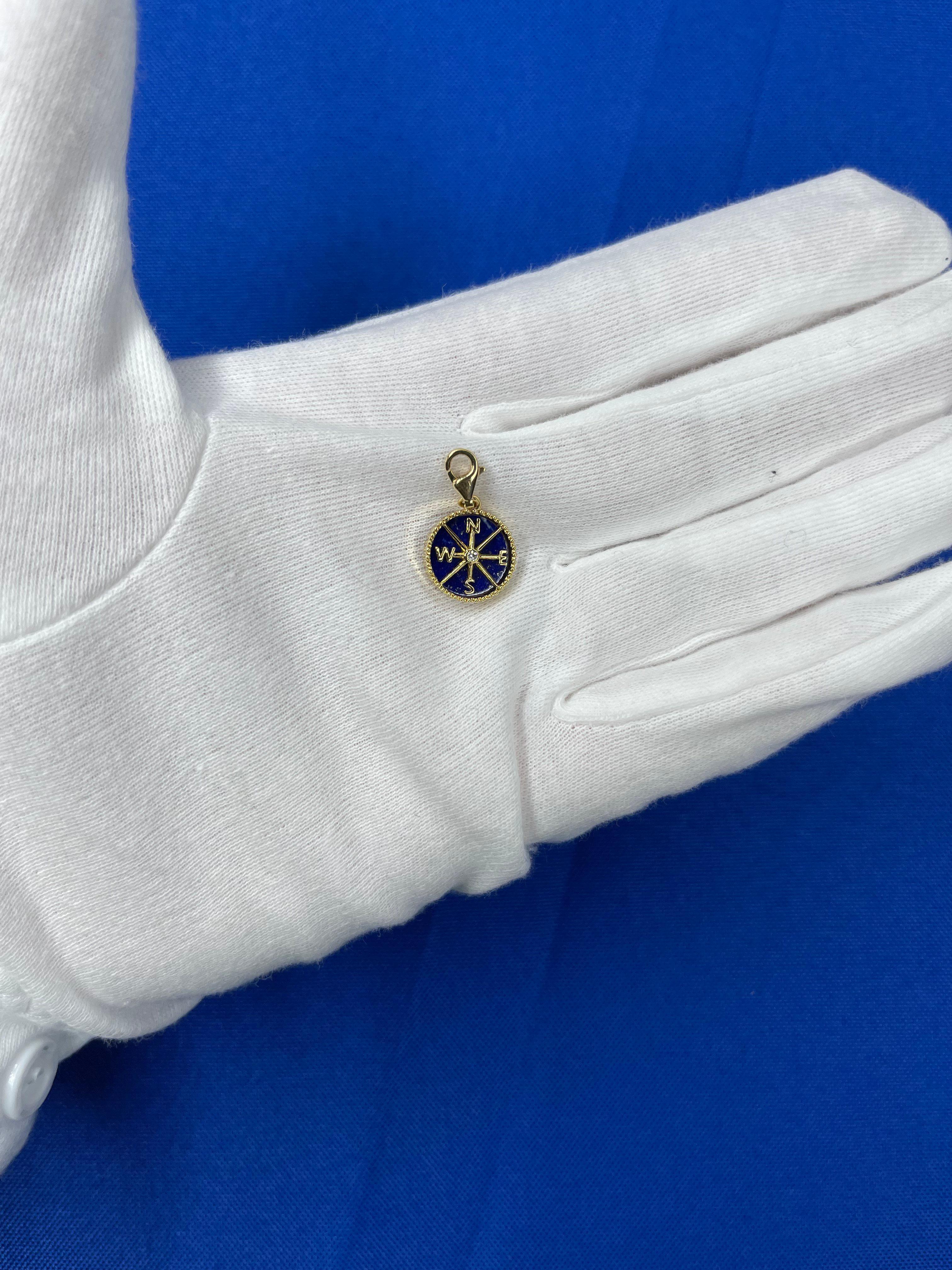 Diamond Blue Lapis Lazuli Compass Bezel Medallion 18K Yellow Gold Charm Pendant For Sale 2