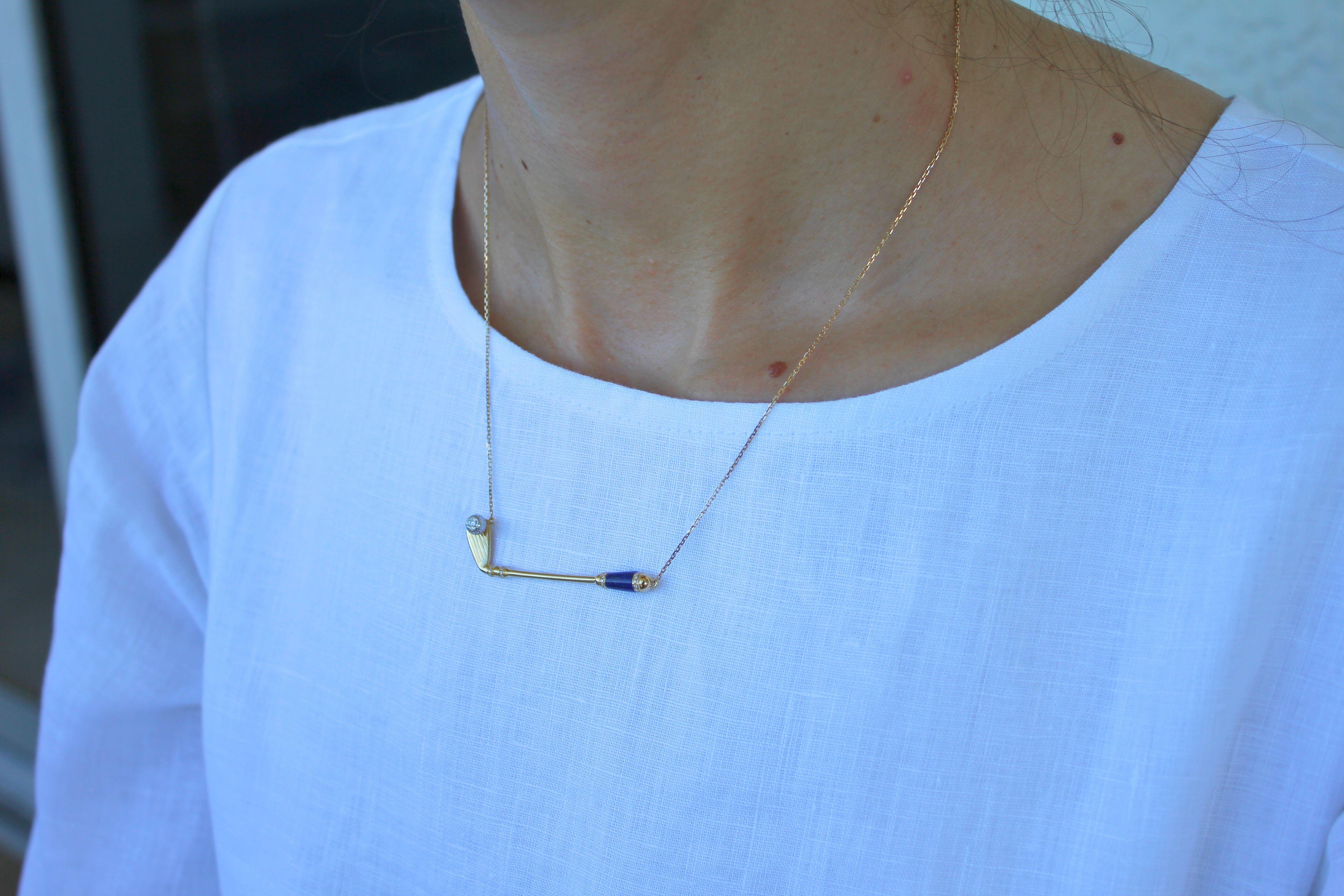 Modern Diamond Blue Lapis Lazuli Golf Club Birdie Charm 18 Karat Gold Necklace Pendant For Sale