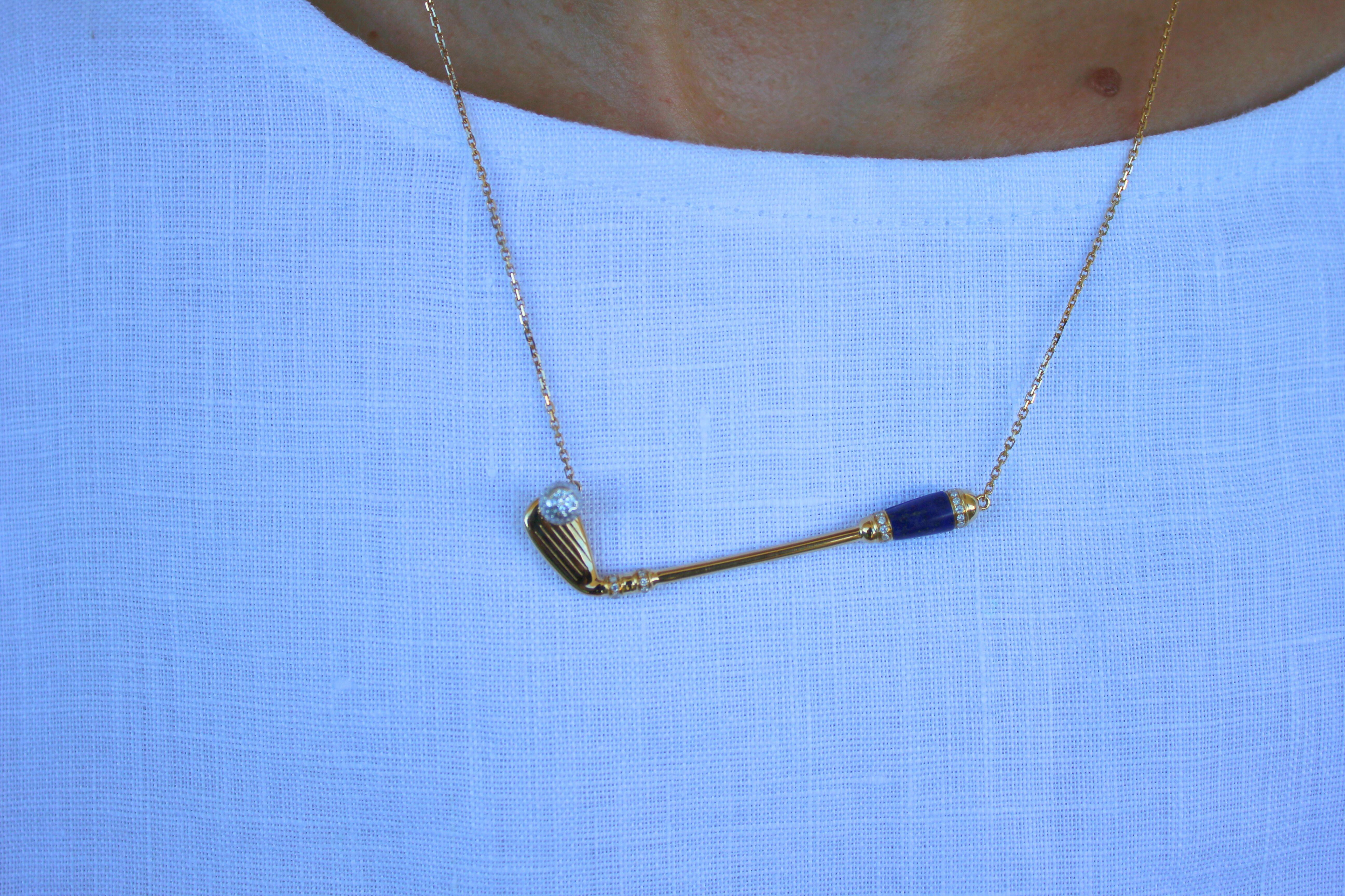 Mixed Cut Diamond Blue Lapis Lazuli Golf Club Birdie Charm 18 Karat Gold Necklace Pendant For Sale