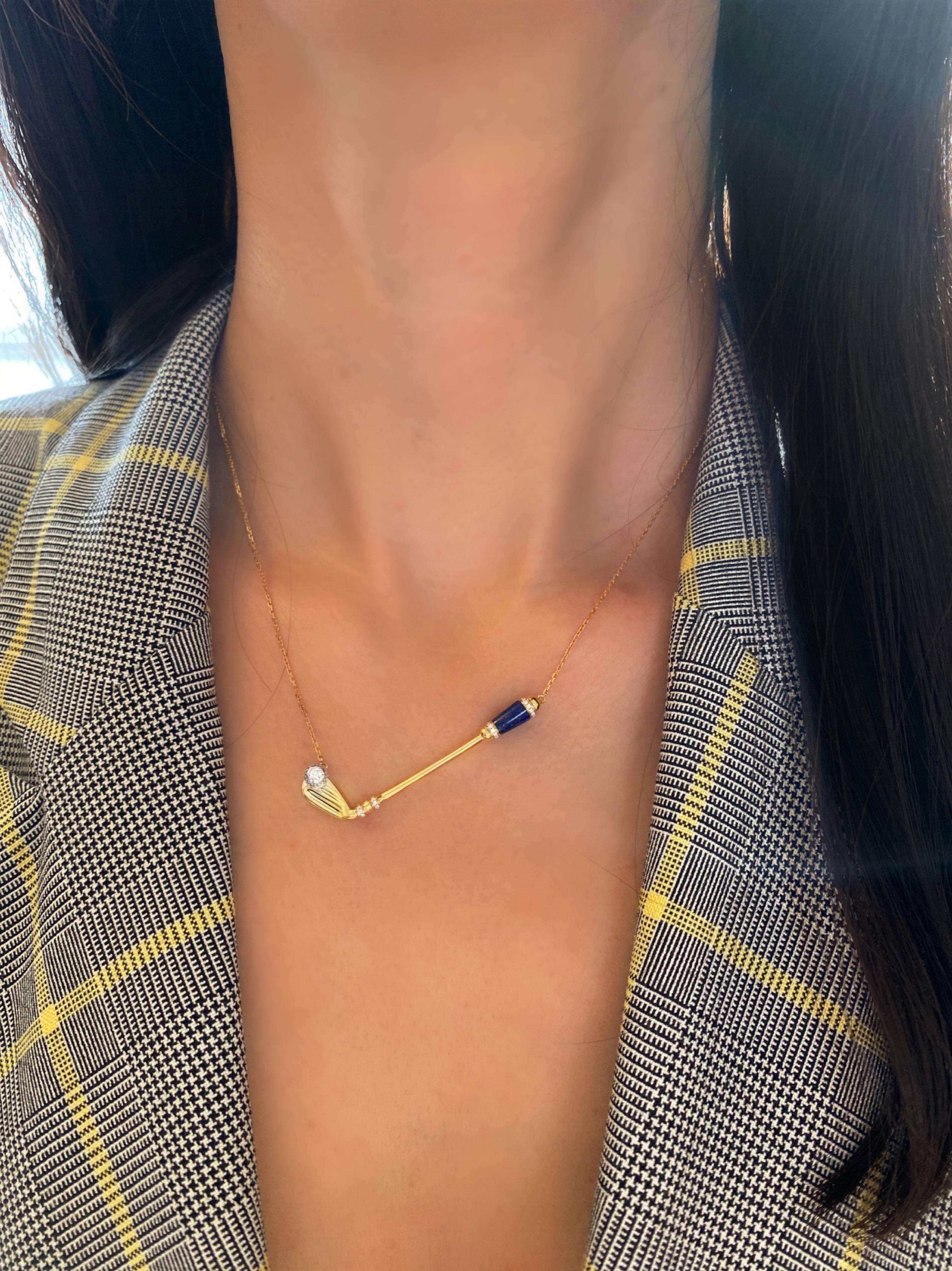 Diamond Blue Lapis Lazuli Golf Club Birdie Charm 18 Karat Gold Necklace Pendant For Sale 8