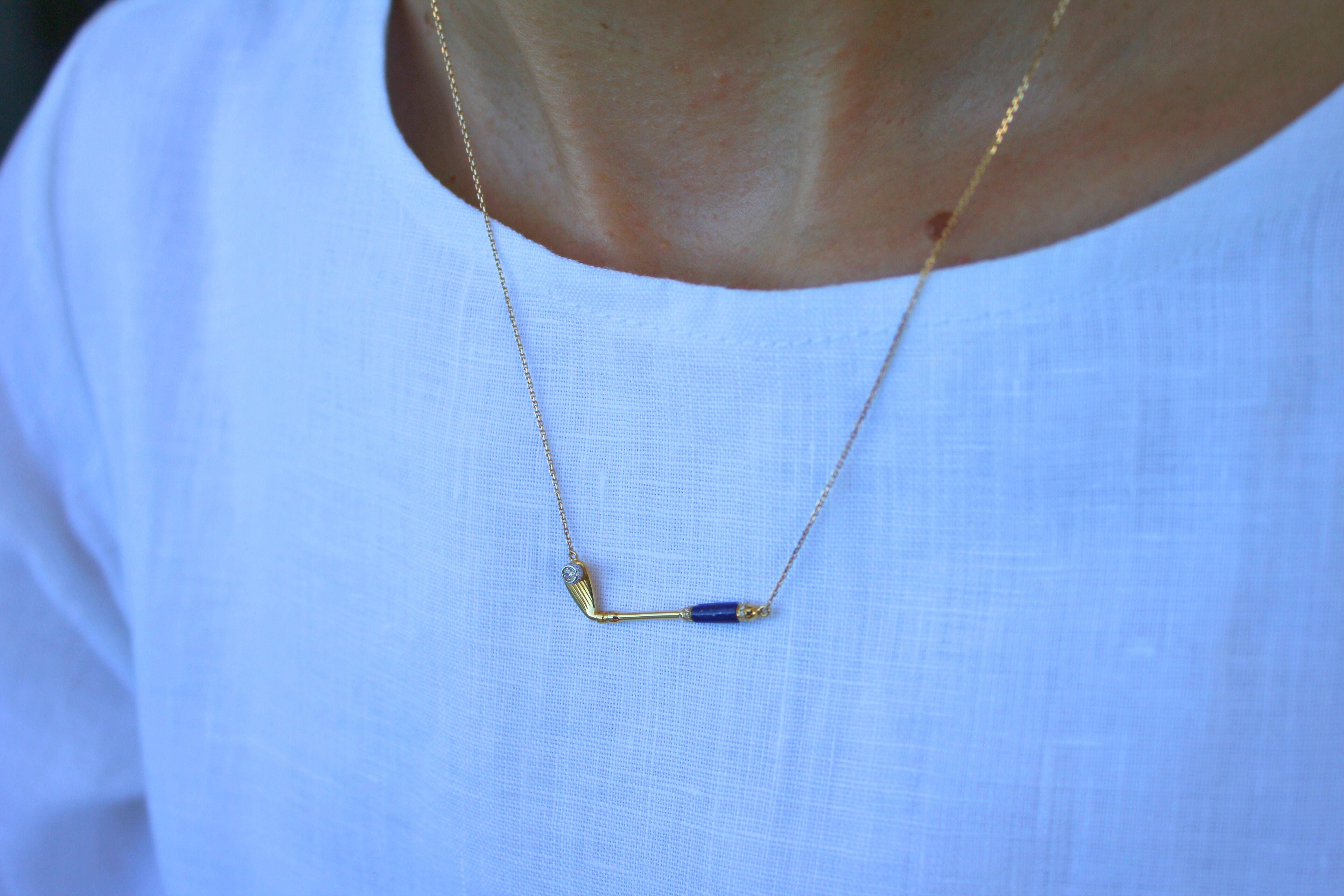 Diamond Blue Lapis Lazuli Golf Club Birdie Charm 18 Yellow Gold Necklace Pendant In New Condition For Sale In Oakton, VA