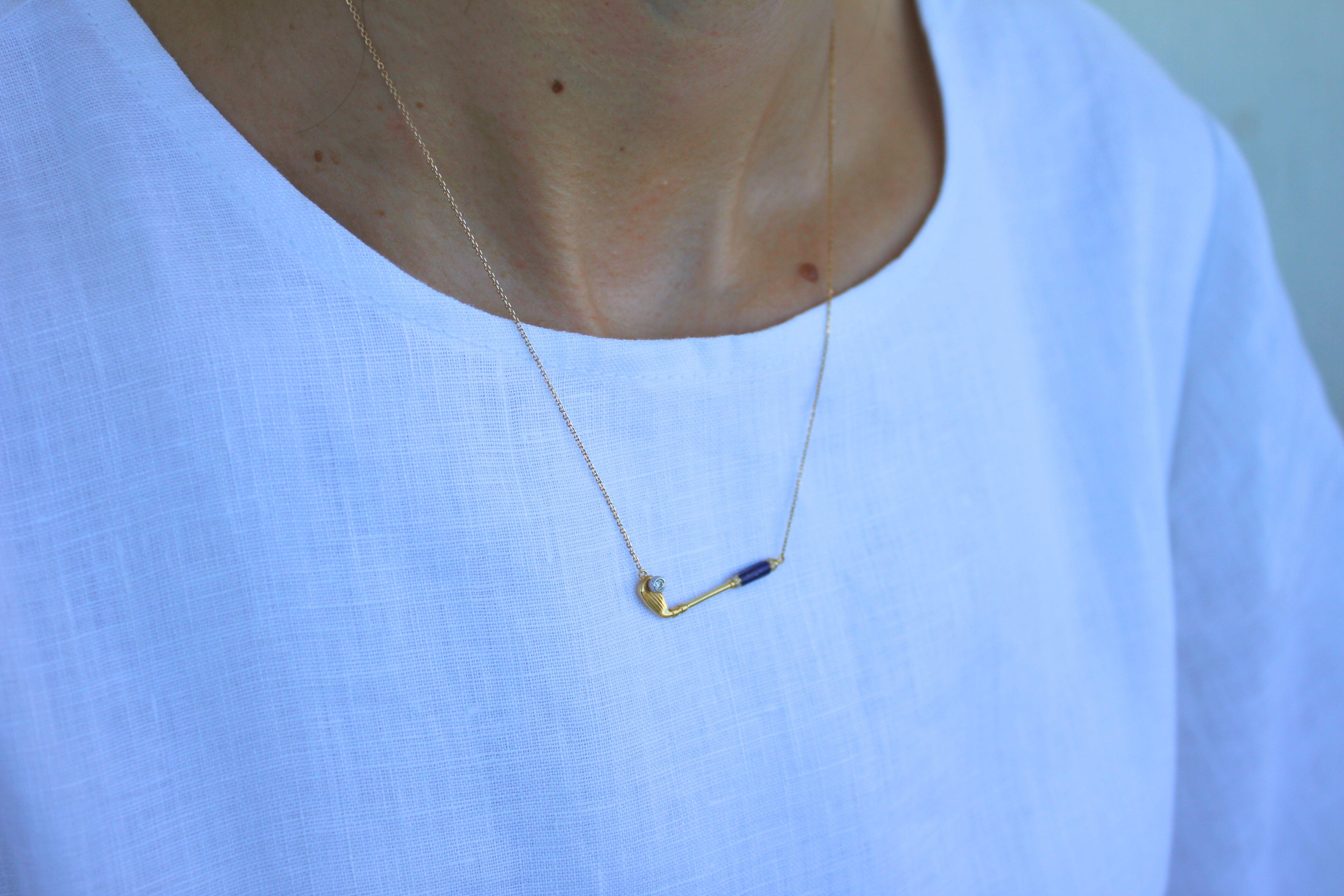 Women's or Men's Diamond Blue Lapis Lazuli Golf Club Birdie Charm 18 Yellow Gold Necklace Pendant For Sale