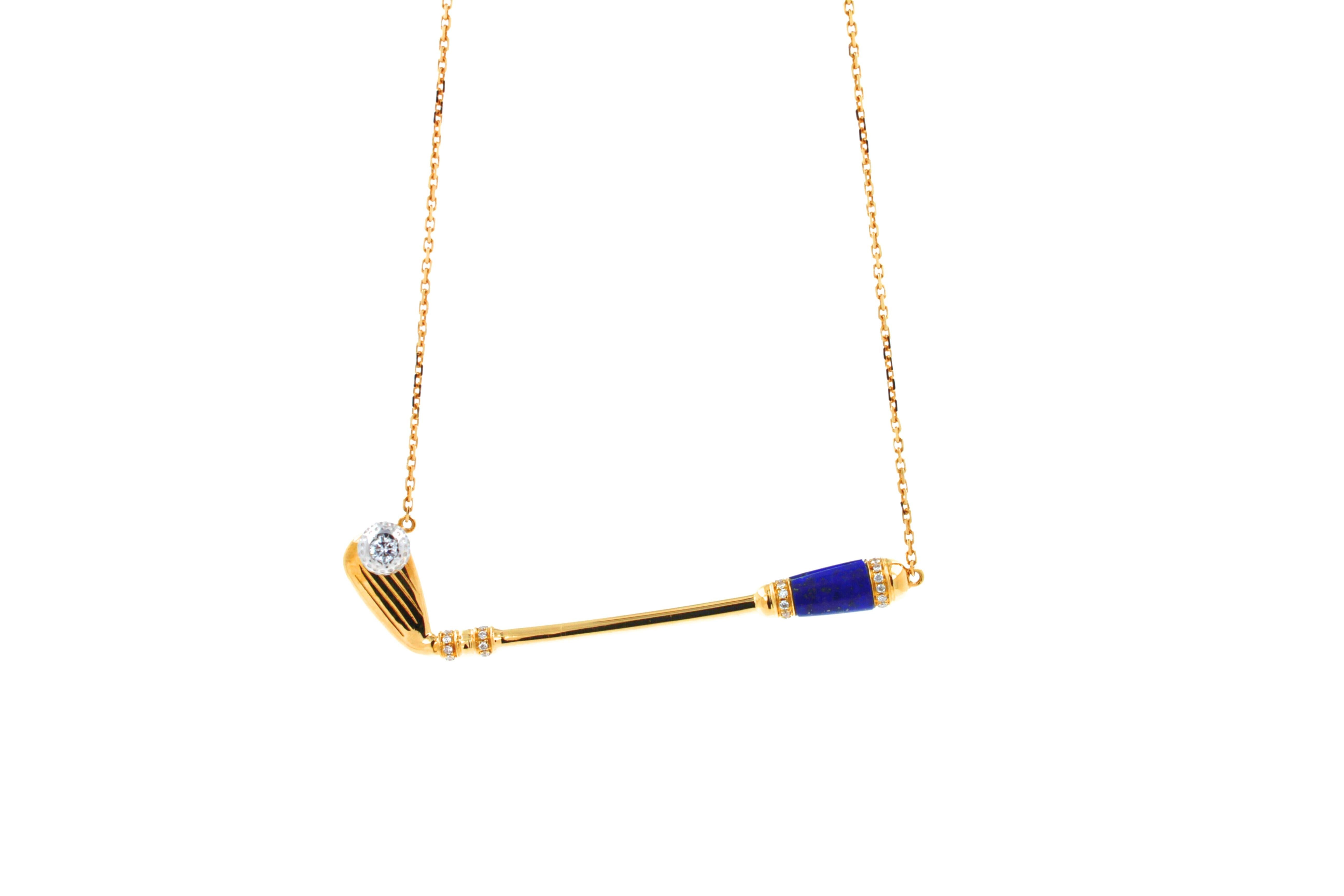 18K Yellow Gold
Blue Lapis Lazuli Gemstone Handle
White Diamond Golf Ball Gemstone
0.25 cts Diamonds
16-18 inches Diamond-Cut Link Cable chain length
In-Stock
This is part of Galt & Bro. Jewelry's exclusive, custom made-to-order Golf Club Birdies