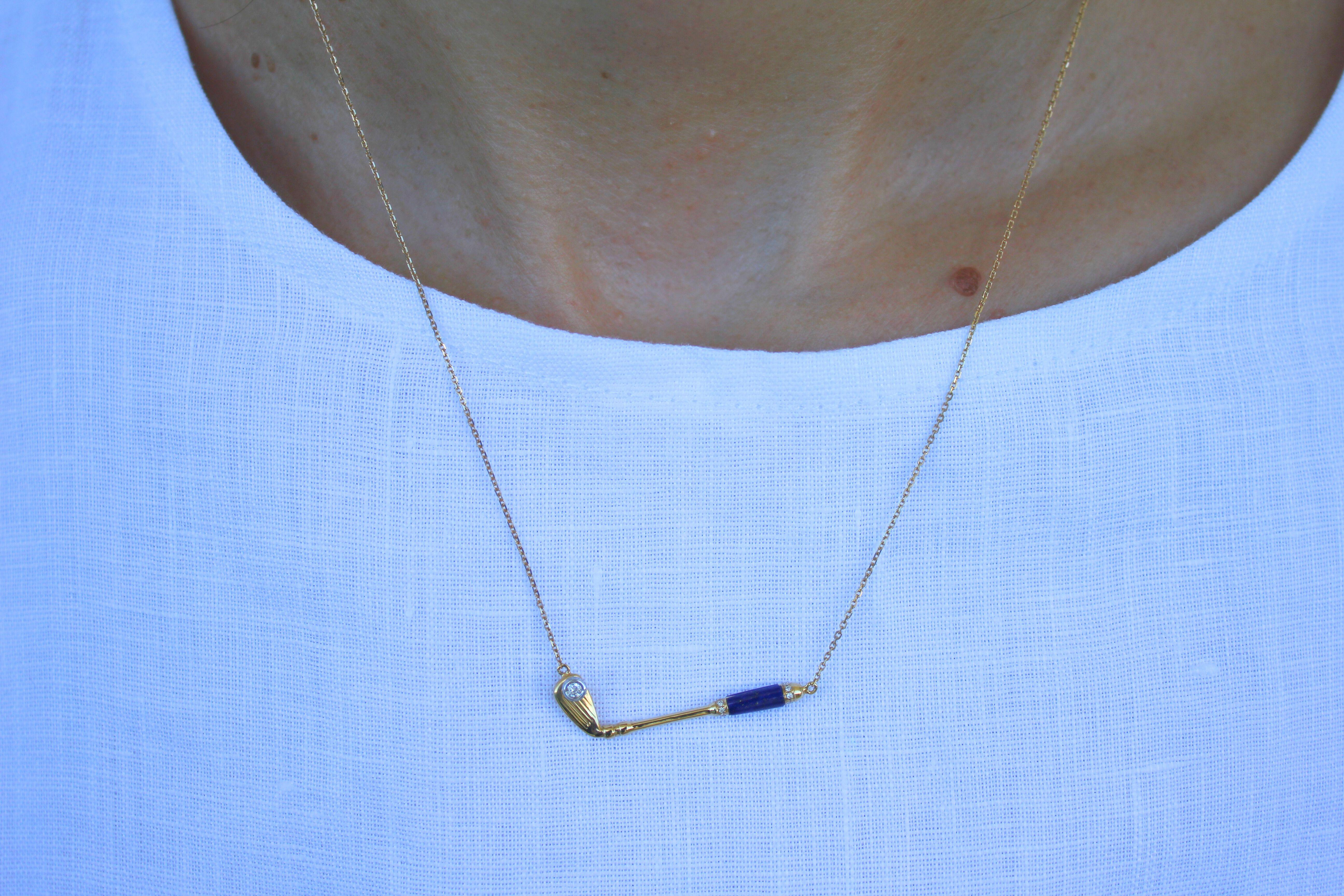 Mixed Cut Diamond Blue Lapis Lazuli Golf Club Birdie Charm 18 Yellow Gold Necklace Pendant For Sale