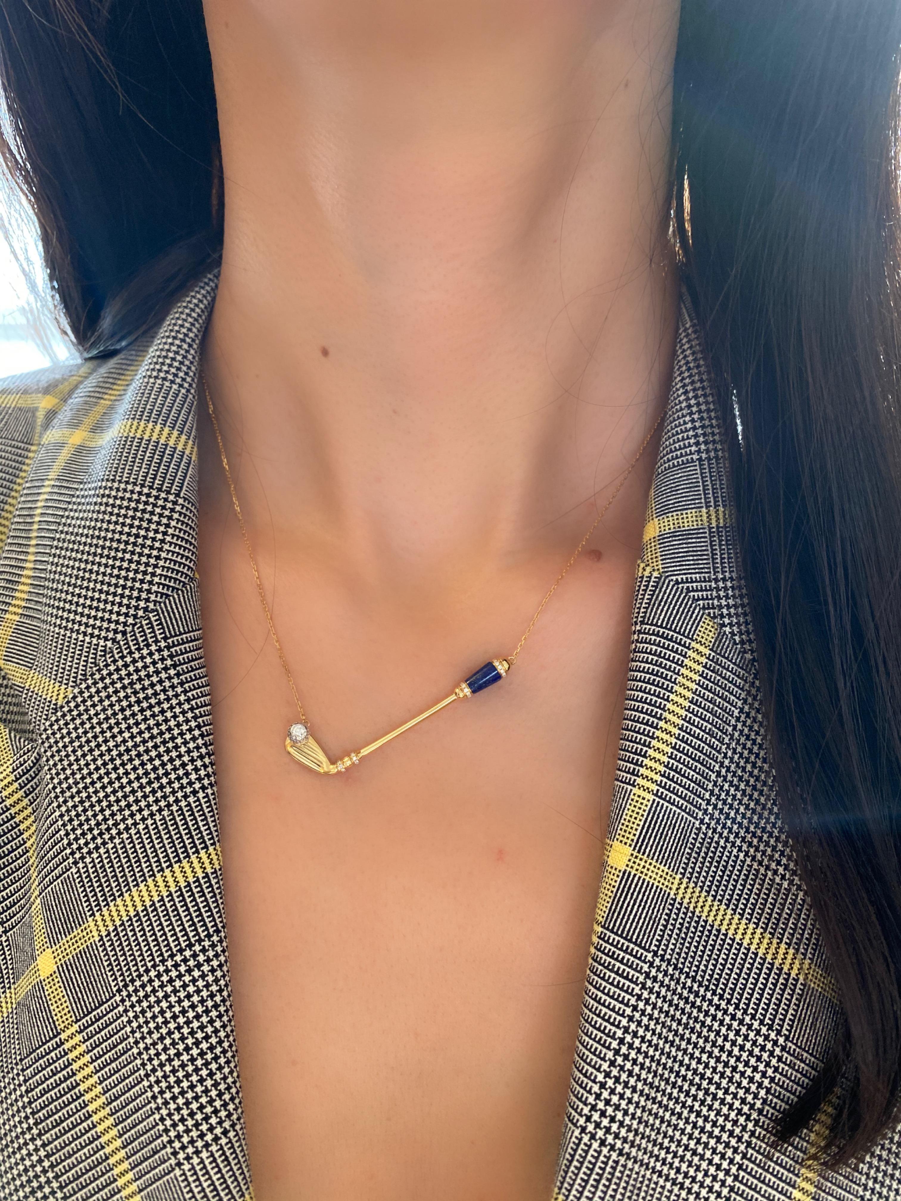 Diamond Blue Lapis Lazuli Golf Club Birdie Charm 18 Karat Gold Necklace Pendant For Sale 4
