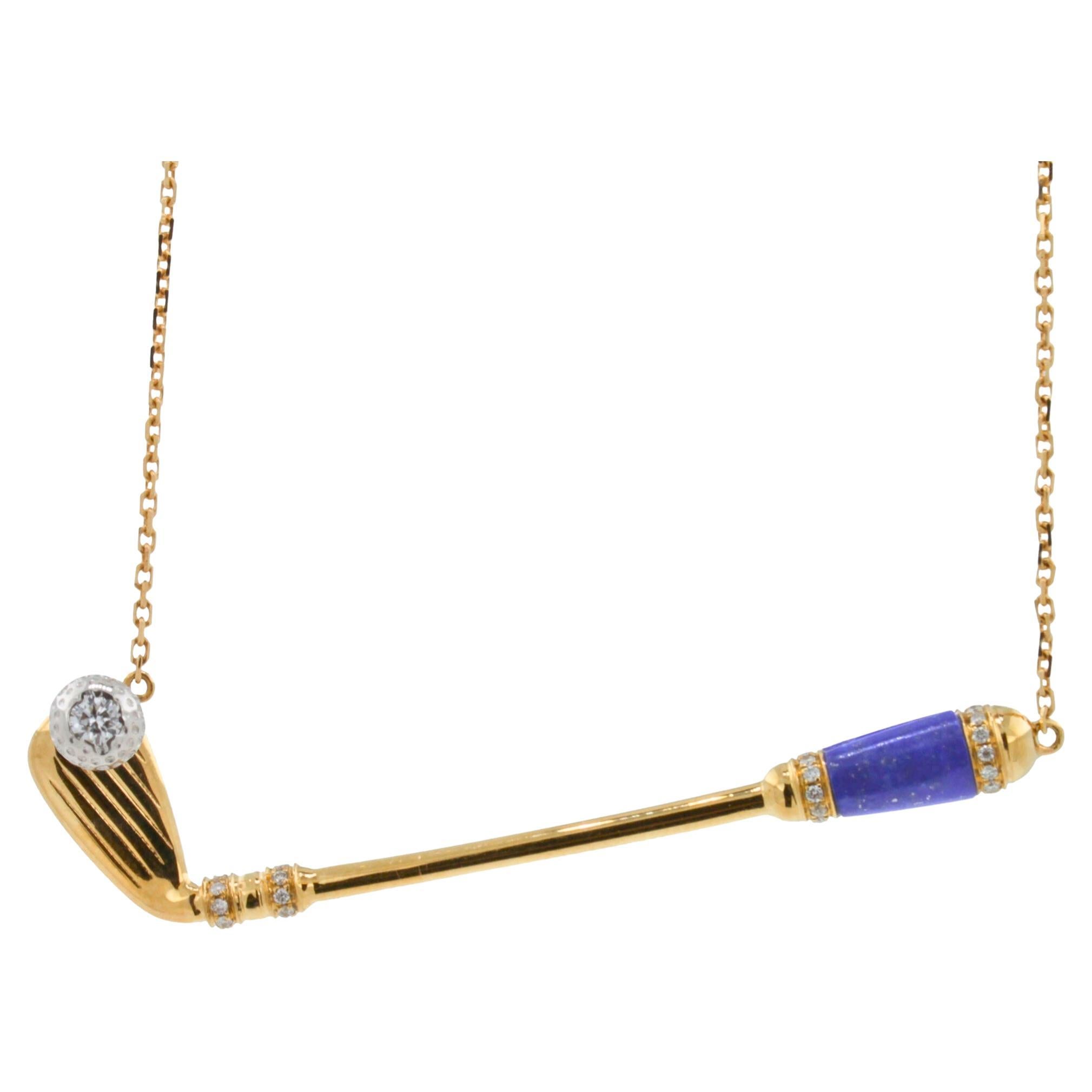 Diamond Blue Lapis Lazuli Golf Club Birdie Charm 18 Karat Gold Necklace Pendant For Sale