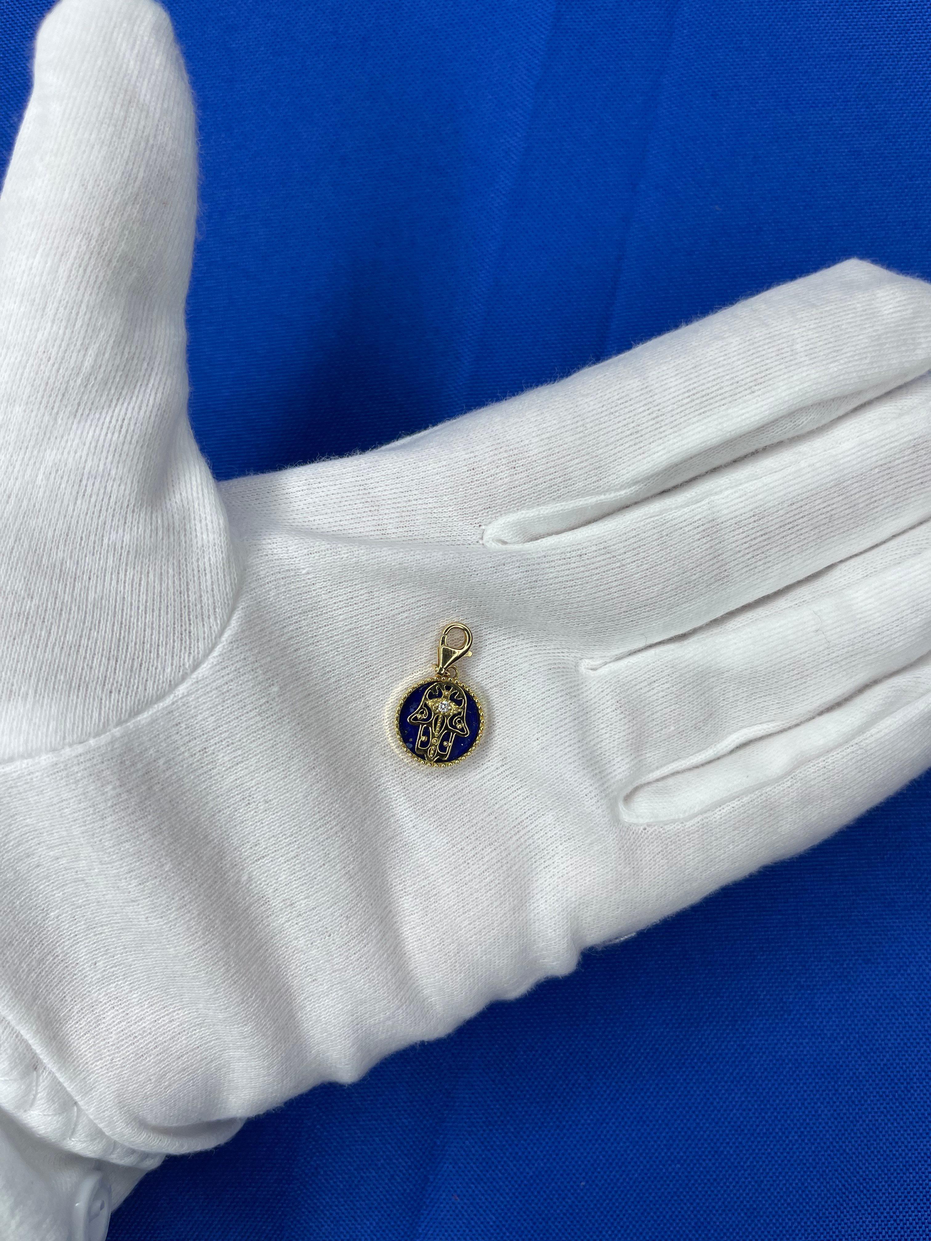 Diamond Blue Lapis Lazuli Hamsa Hand Palm 18 Karat Yellow Gold Medallion Charm For Sale 7