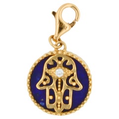 Diamond Blue Lapis Lazuli Hamsa Hand Palm 18 Karat Yellow Gold Medallion Charm