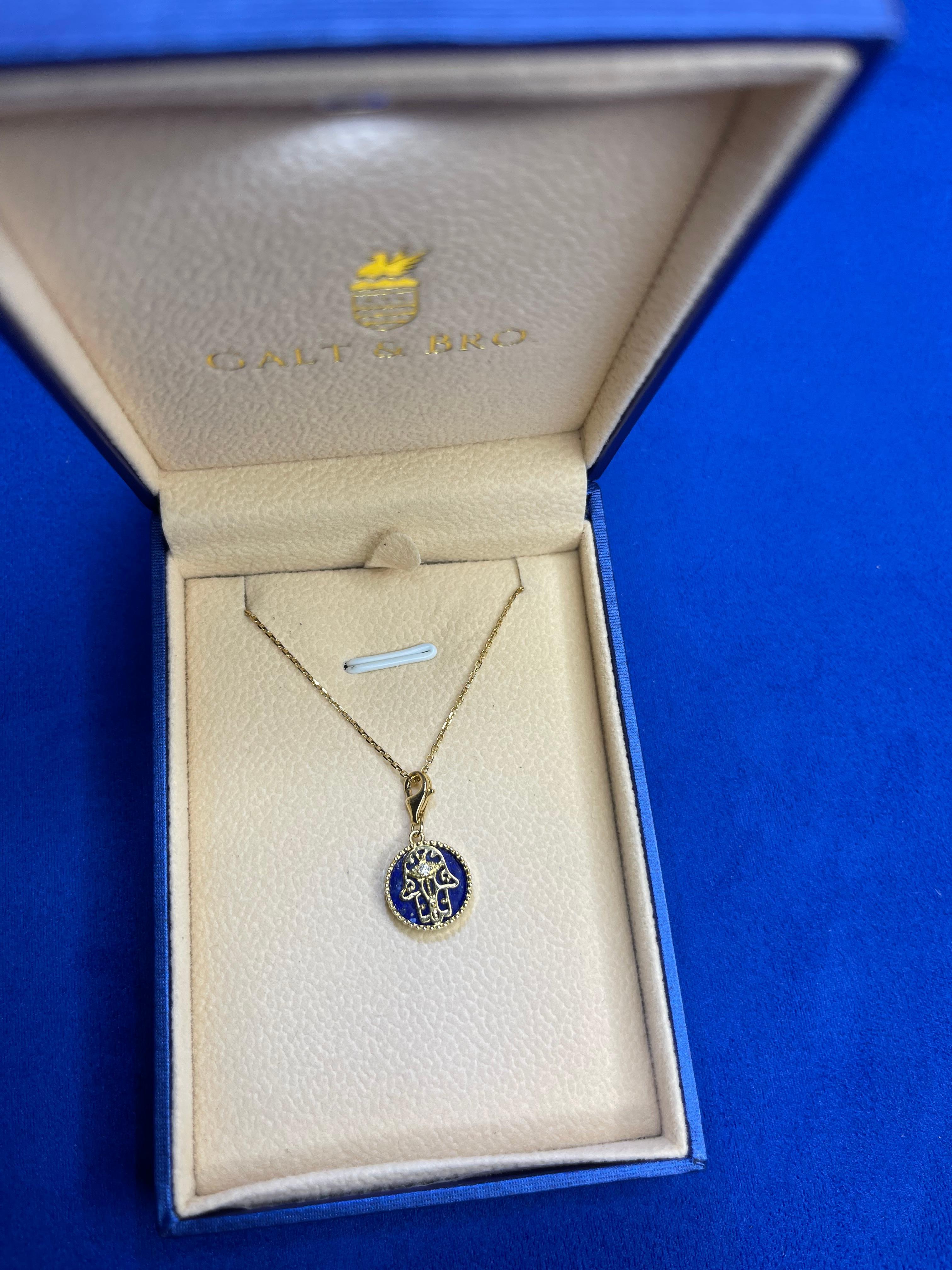 Diamond Blue Lapis Lazuli Hamsa Hand Palm 18 Karat Yellow Gold Medallion Charm For Sale 2