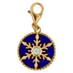 Diamond Blue Lapis Lazuli Snowflake Winter Ice 18KY Gold Medallion Charm Pendant