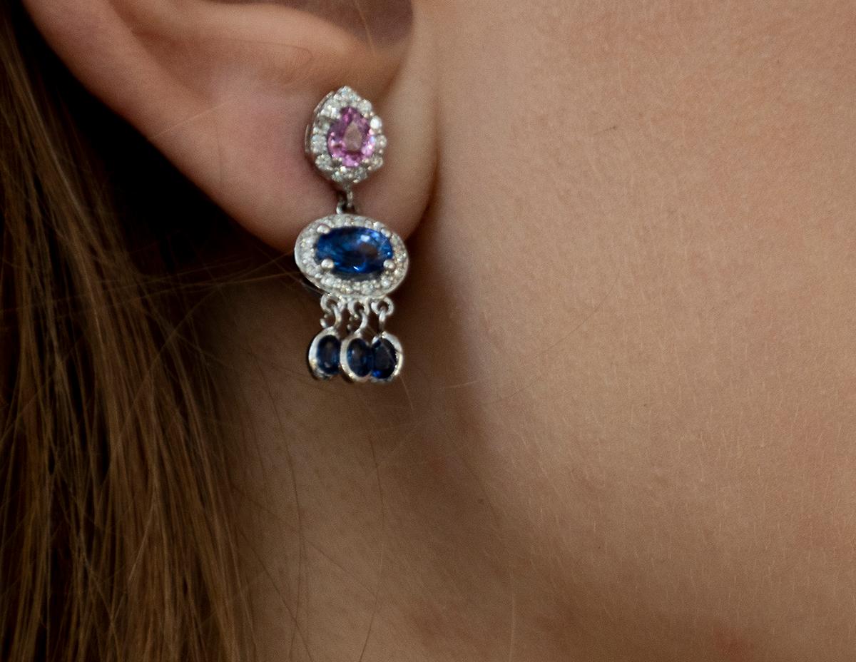 Contemporary Diamond Blue Pink Ceylon Sapphire Drop Gold Earrings Weighing 3.70 Carat