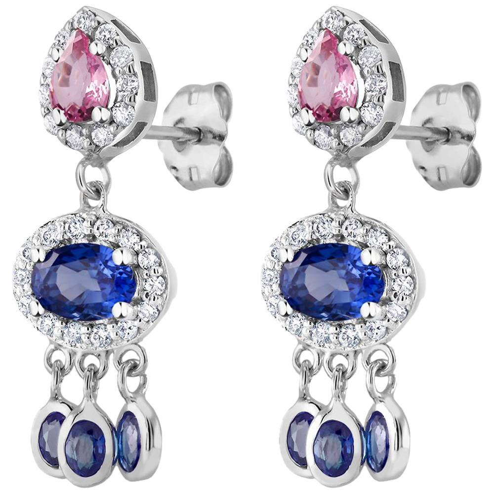 Diamond Blue Pink Ceylon Sapphire Drop Gold Earrings Weighing 3.70 Carat