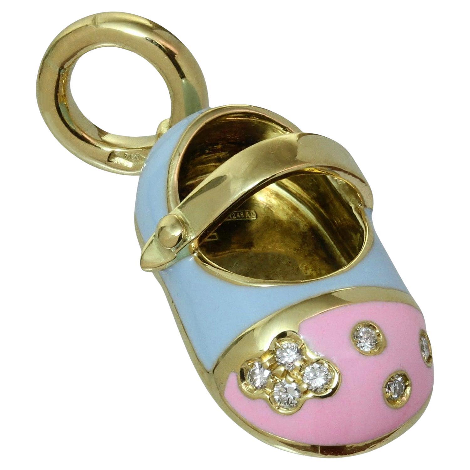 Diamond Blue Pink Enamel 18k Yellow Gold Baby Girl Shoe Pendant For Sale