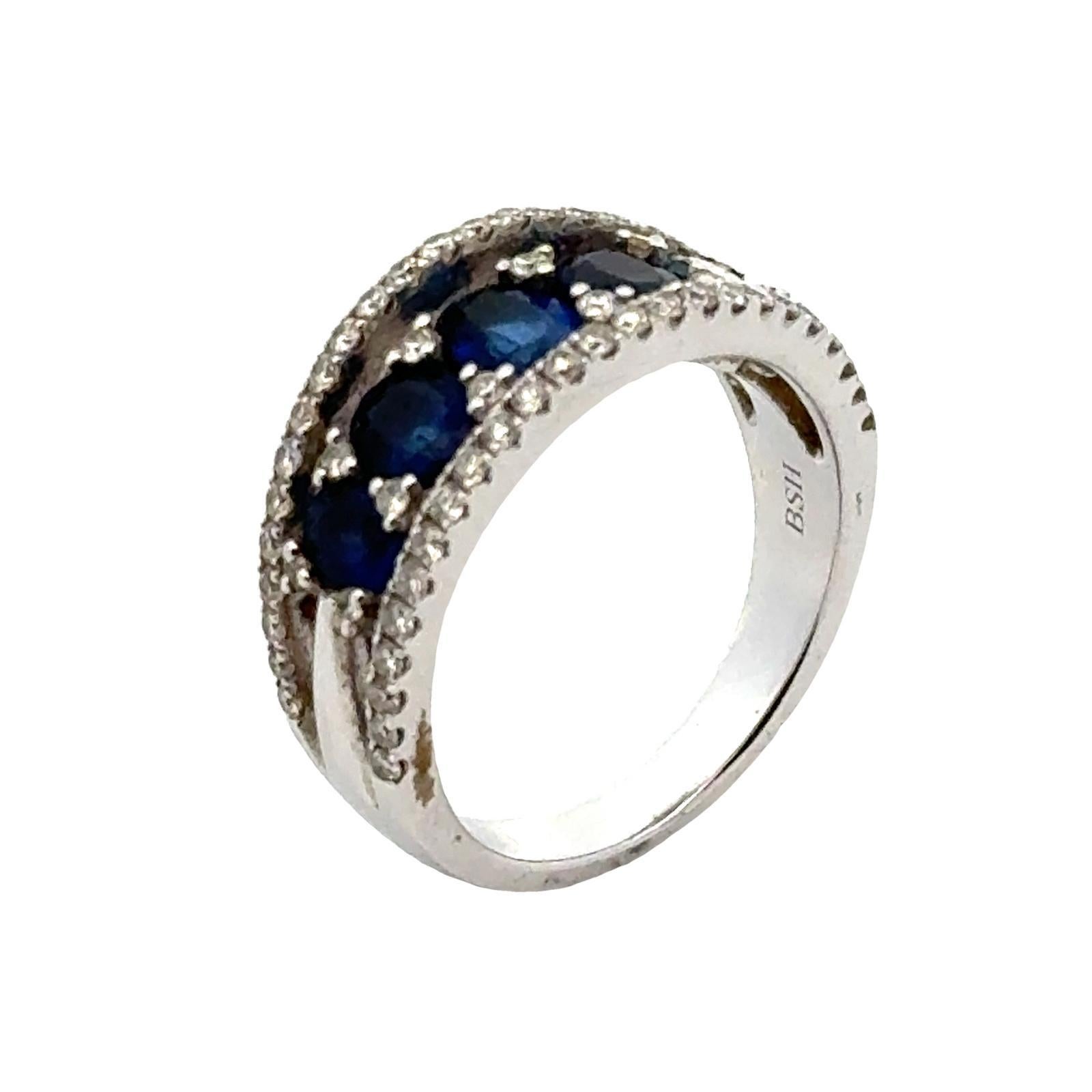 Women's Diamond Blue Sapphire 14 Karat White Gold Tapered Band Ring For Sale