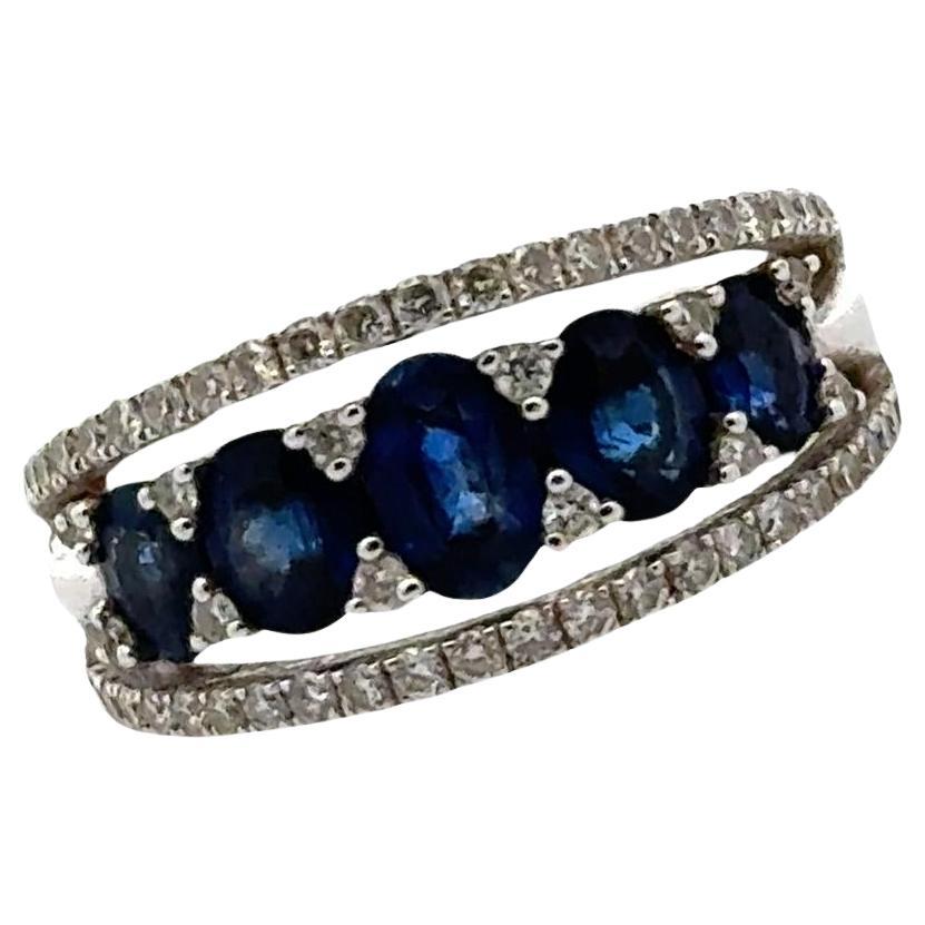 Diamond Blue Sapphire 14 Karat White Gold Tapered Band Ring For Sale