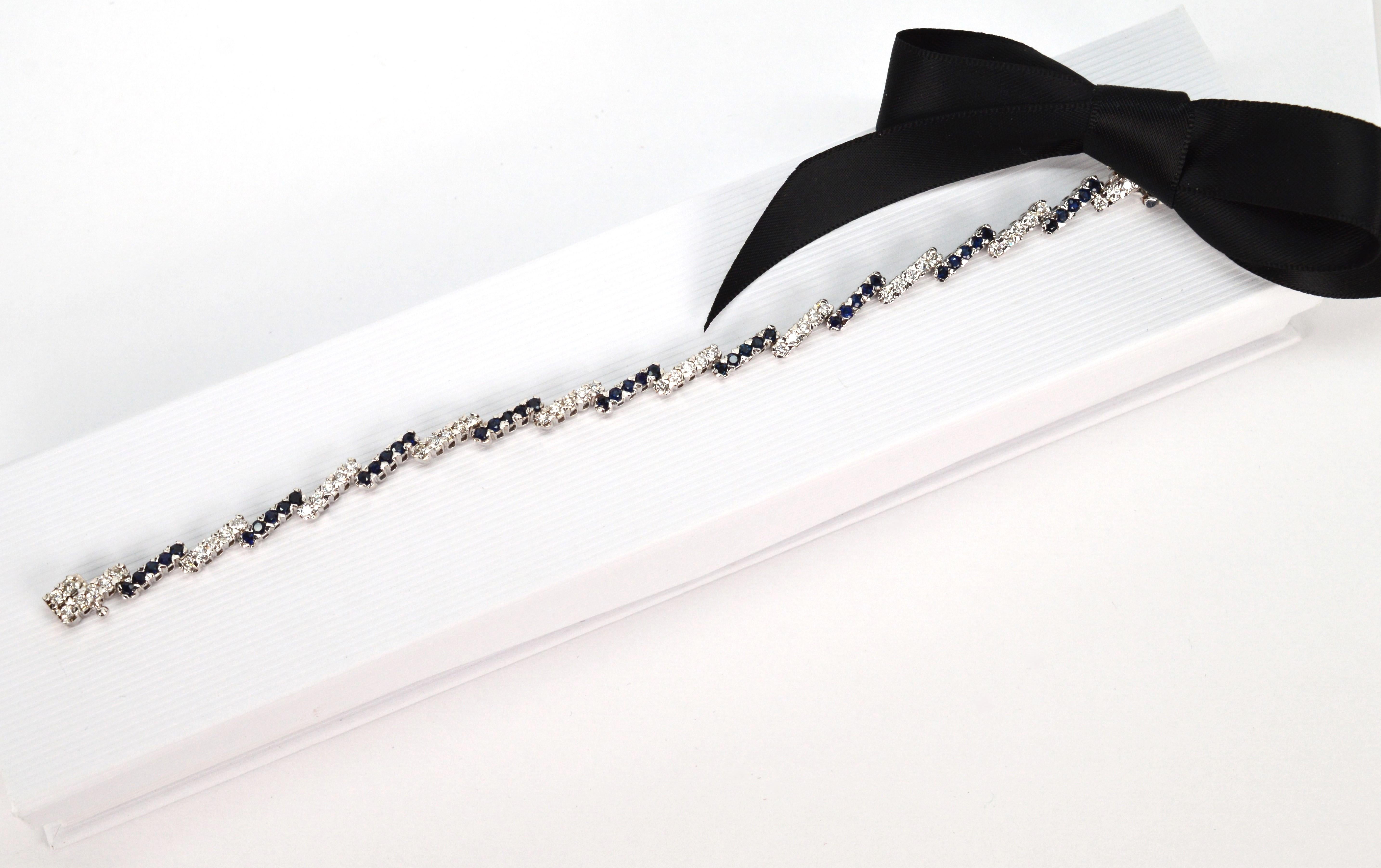 Diamond Blue Sapphire 14 Karat White Gold Zig Zag Tennis Bracelet For Sale 5