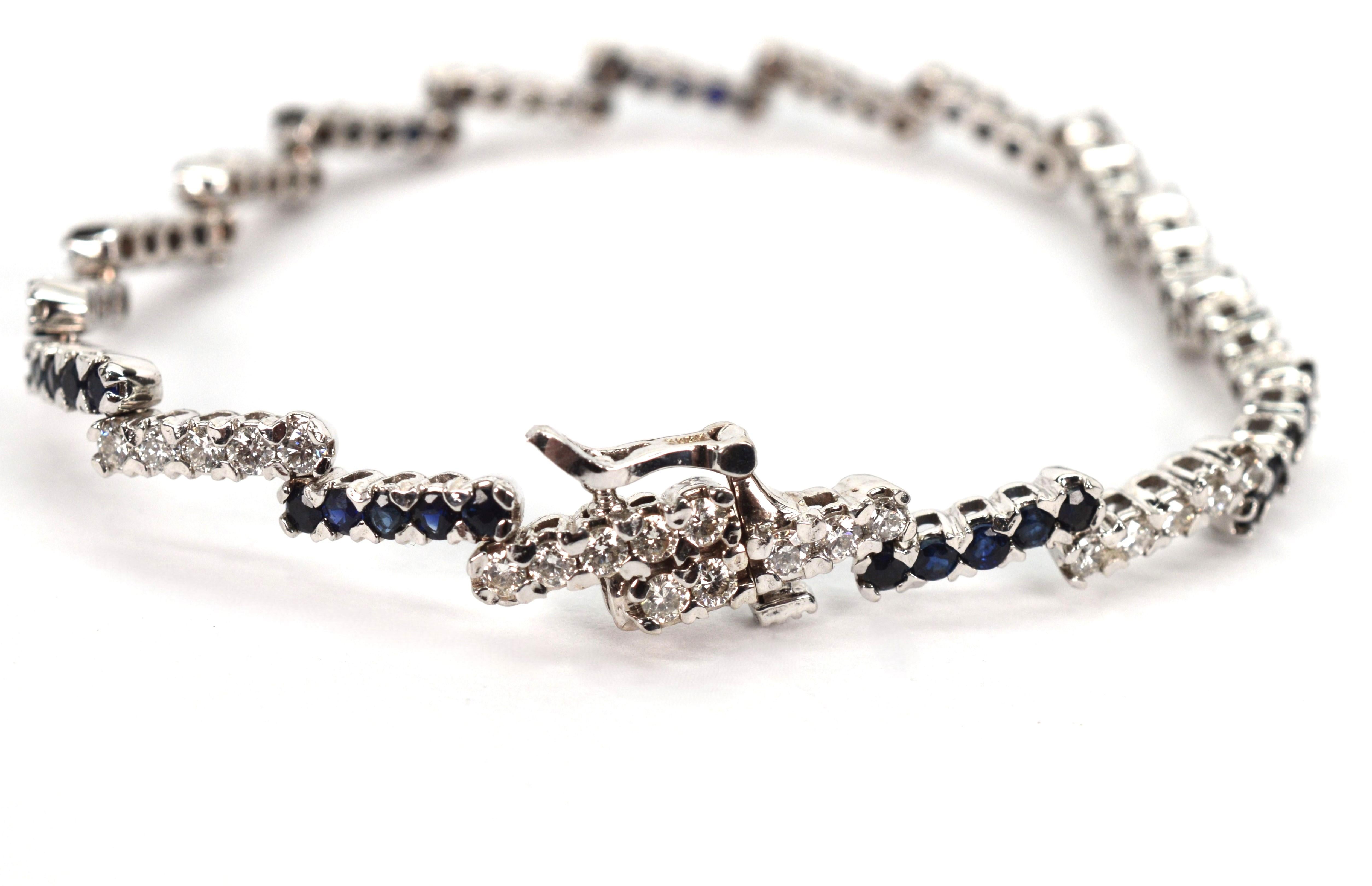 Diamond Blue Sapphire 14 Karat White Gold Zig Zag Tennis Bracelet For Sale 1