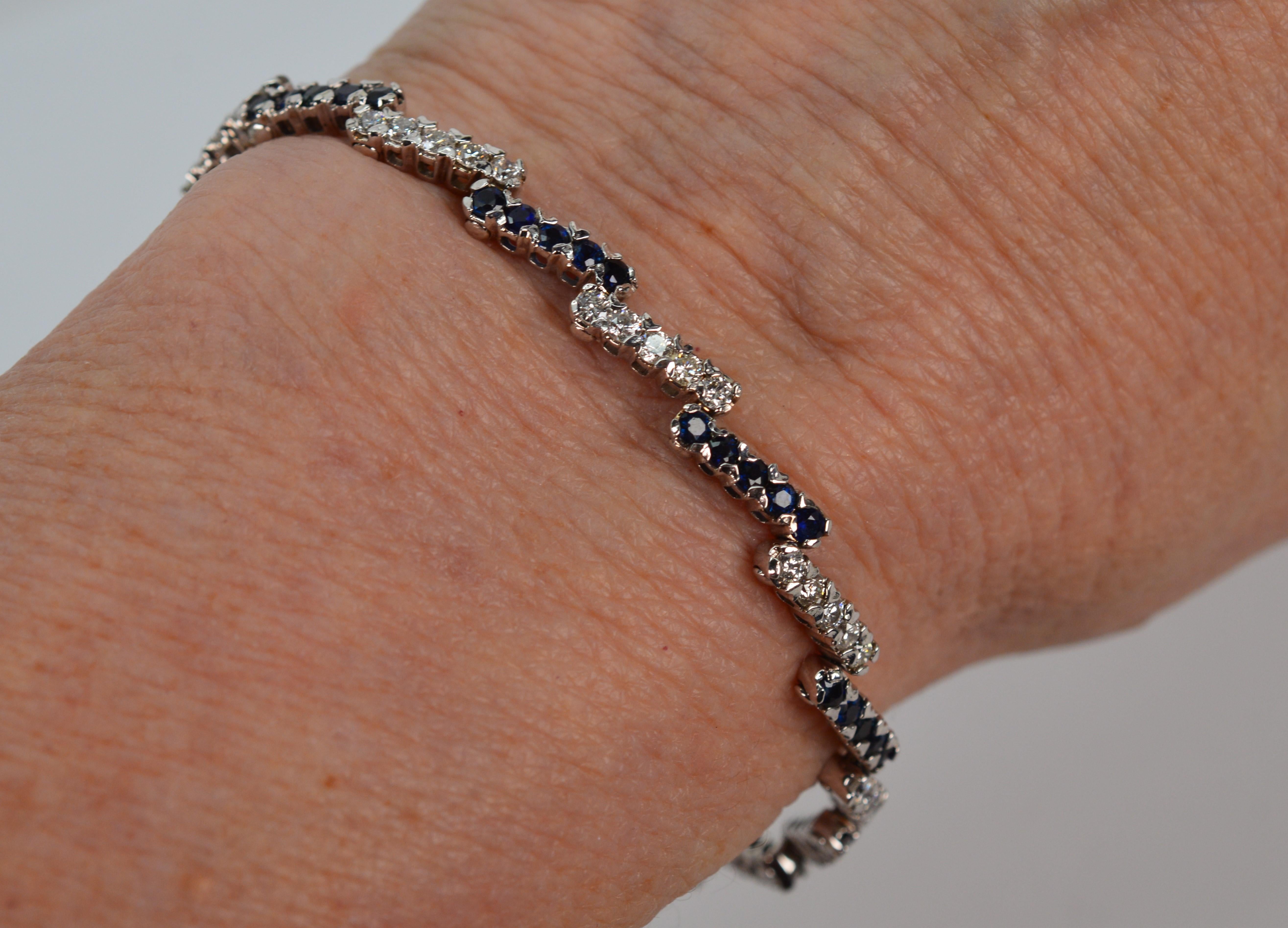 Diamond Blue Sapphire 14 Karat White Gold Zig Zag Tennis Bracelet For Sale 2