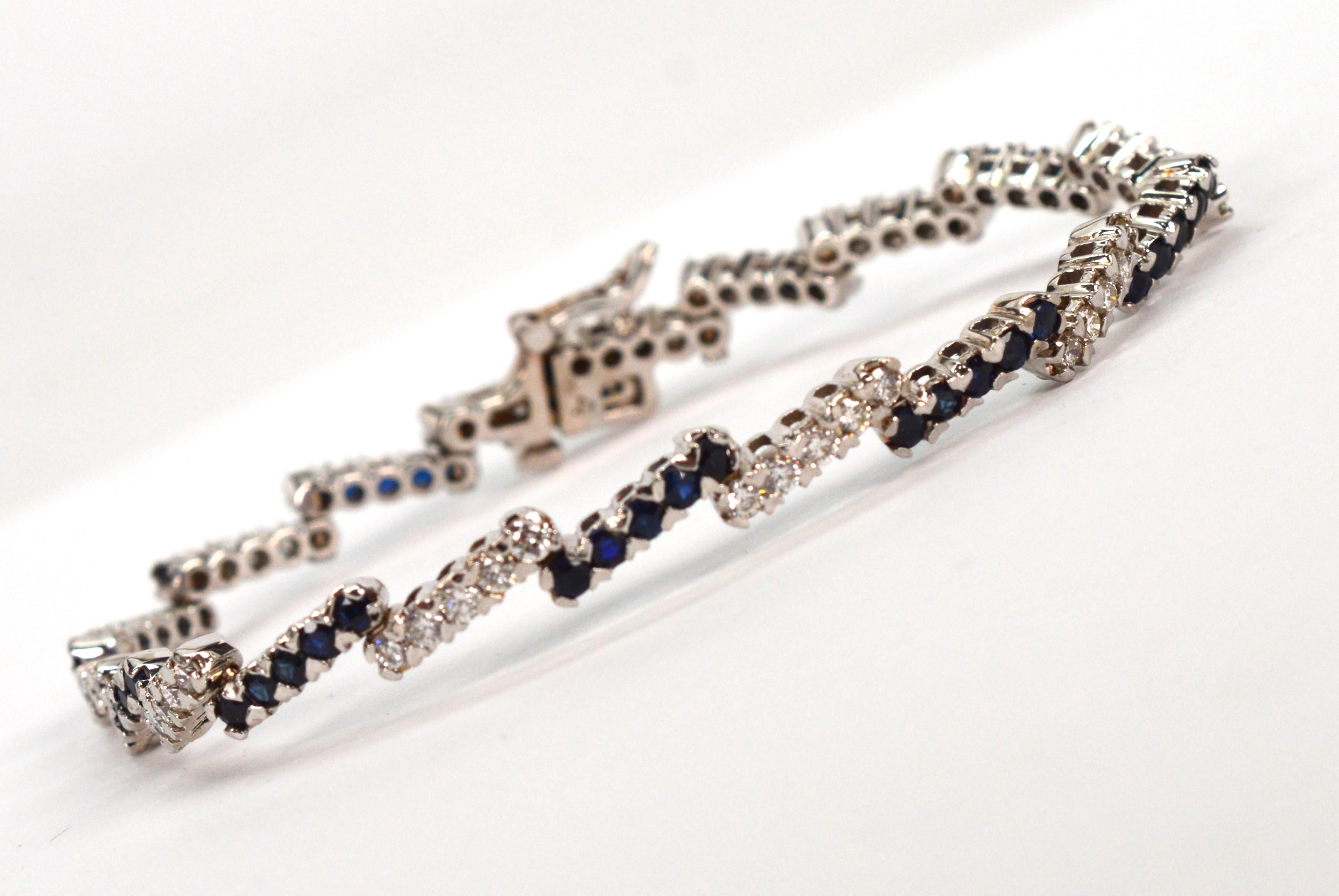 Diamond Blue Sapphire 14 Karat White Gold Zig Zag Tennis Bracelet For Sale 3