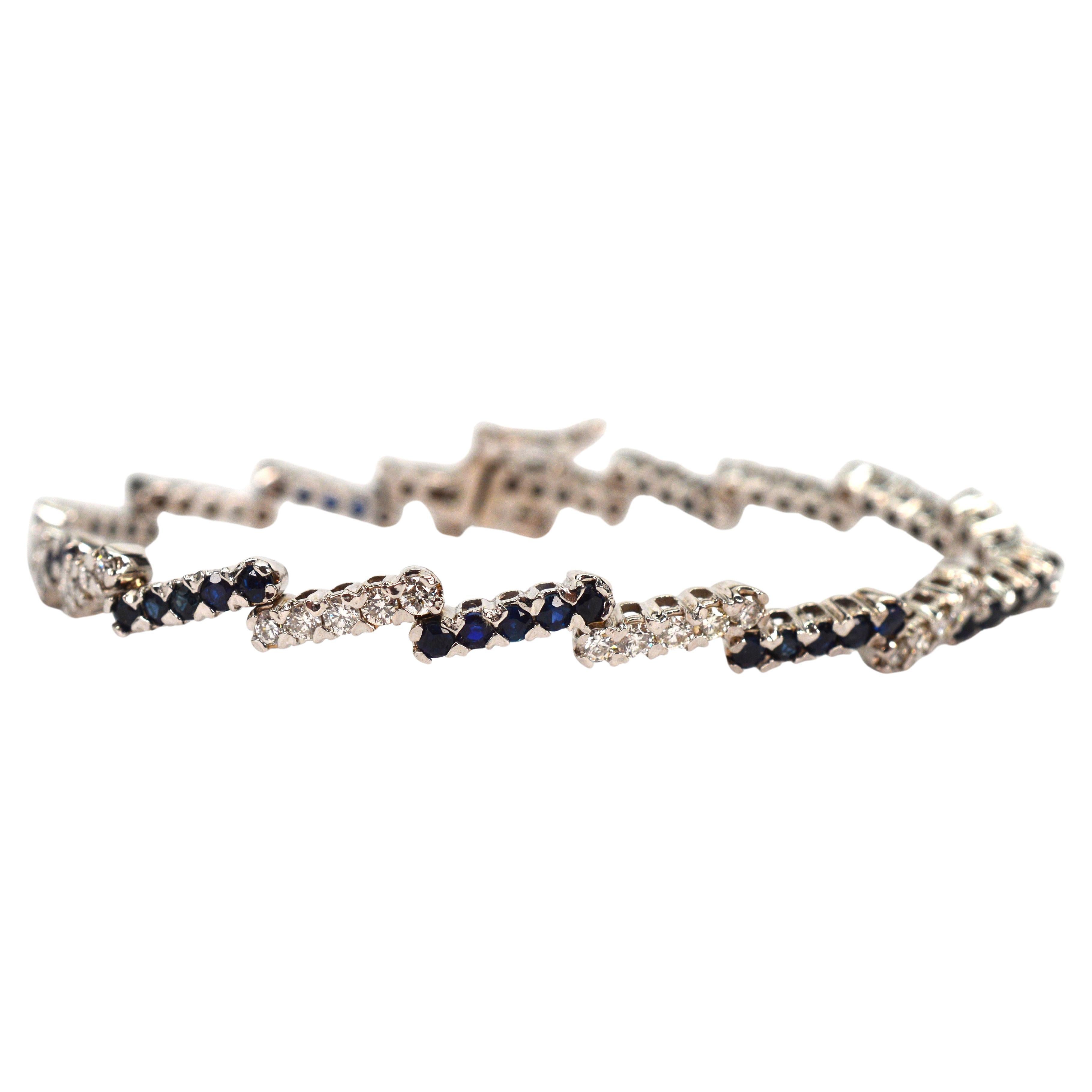 Diamond Blue Sapphire 14 Karat White Gold Zig Zag Tennis Bracelet For Sale 4