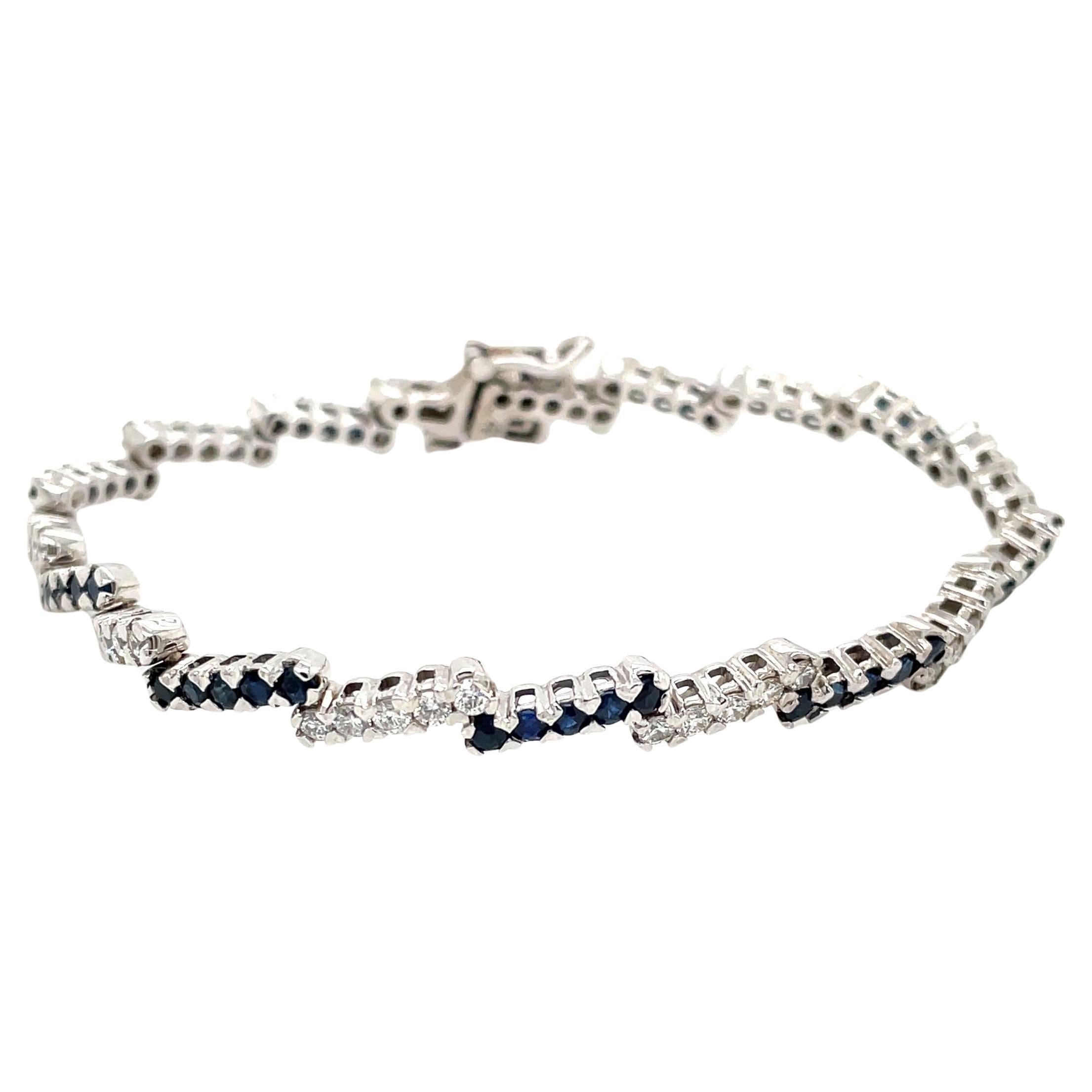 Diamant Blauer Saphir 14 Karat Weißgold Zig Zag Tennisarmband