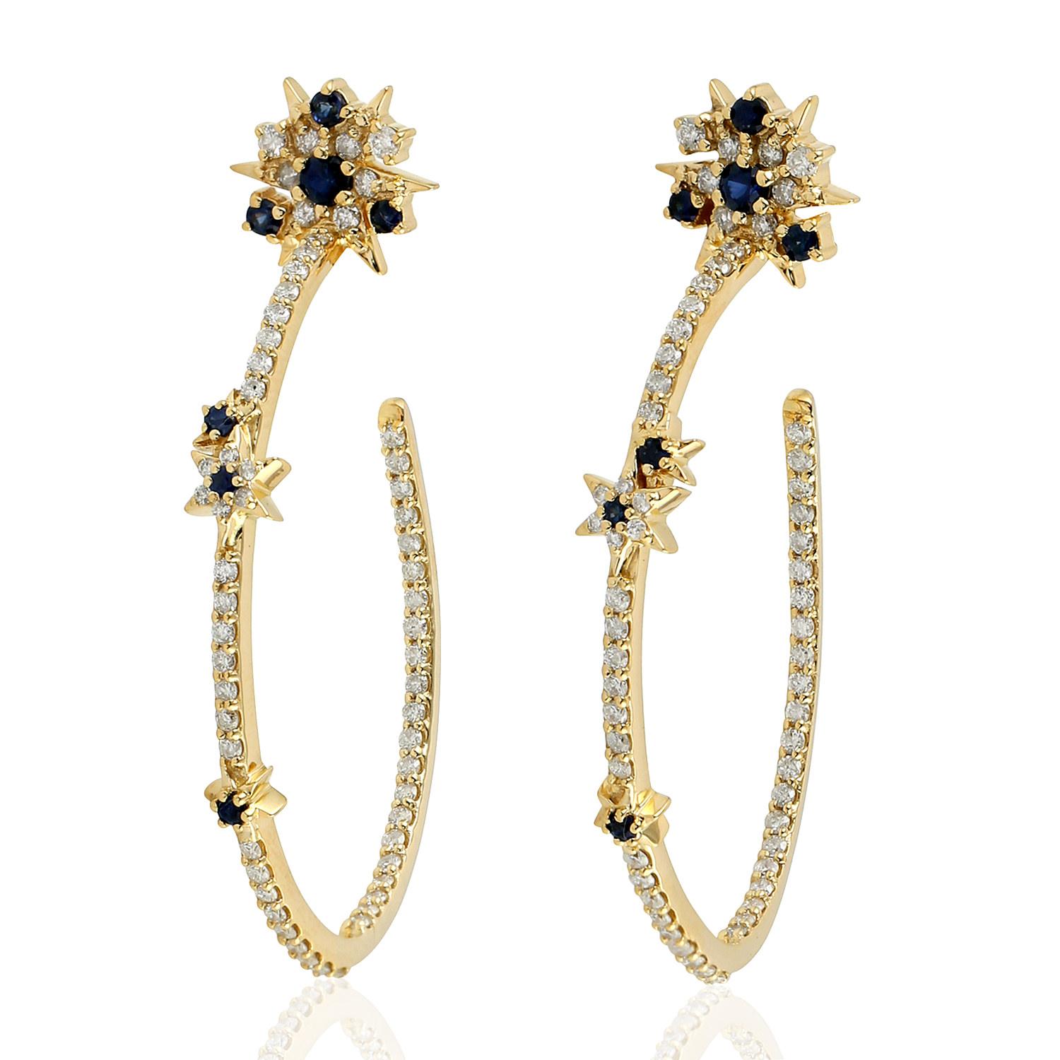 Contemporary Diamond Blue Sapphire 18 Karat Gold Hoop Earrings For Sale