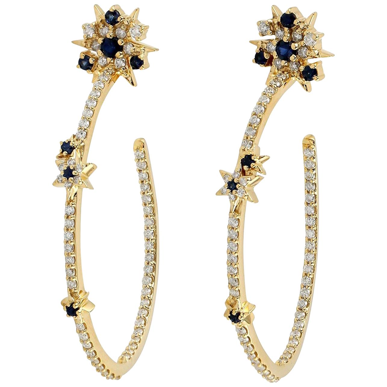 Diamond Blue Sapphire 18 Karat Gold Hoop Earrings For Sale