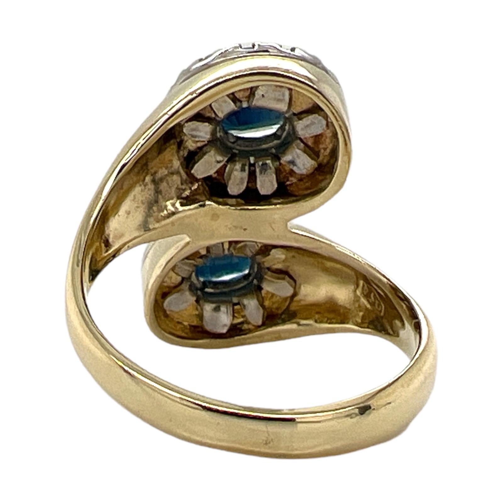 Diamond Blue Sapphire 18 Karat Two Tone Gold Bypass Vintage Cocktail Ring In Excellent Condition In Boca Raton, FL