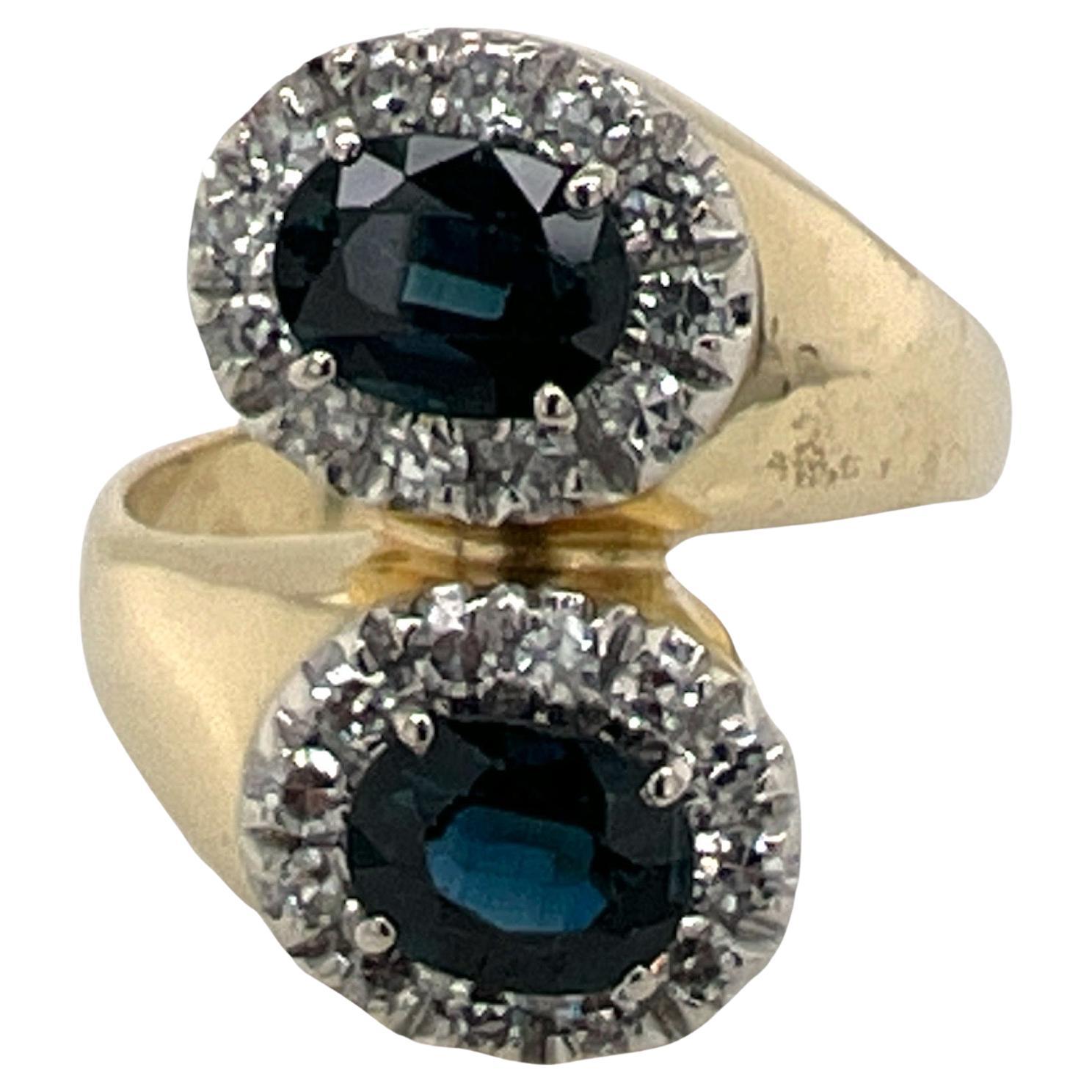 Diamond Blue Sapphire 18 Karat Two Tone Gold Bypass Vintage Cocktail Ring