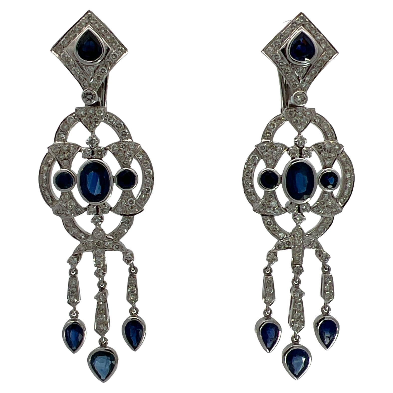 Diamond Blue Sapphire 18 Karat White Gold Dangle Drop Chandelier Earrings