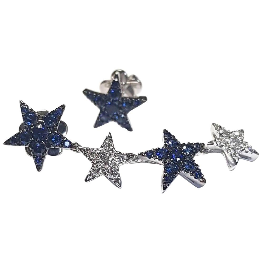 Diamond Blue Sapphire 18 Karat White Gold Stars Made in Italy Earrings
