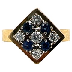 Diamond Blue Sapphire 18 Karat Yellow Gold Checkerboard Vintage Ring
